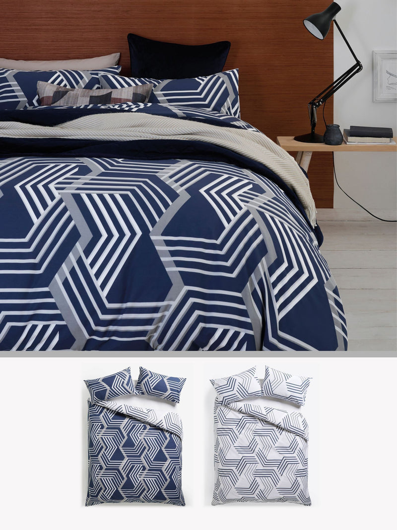 Blue/grey geo reversible duvet cover and pillowcase set, imported from the UK