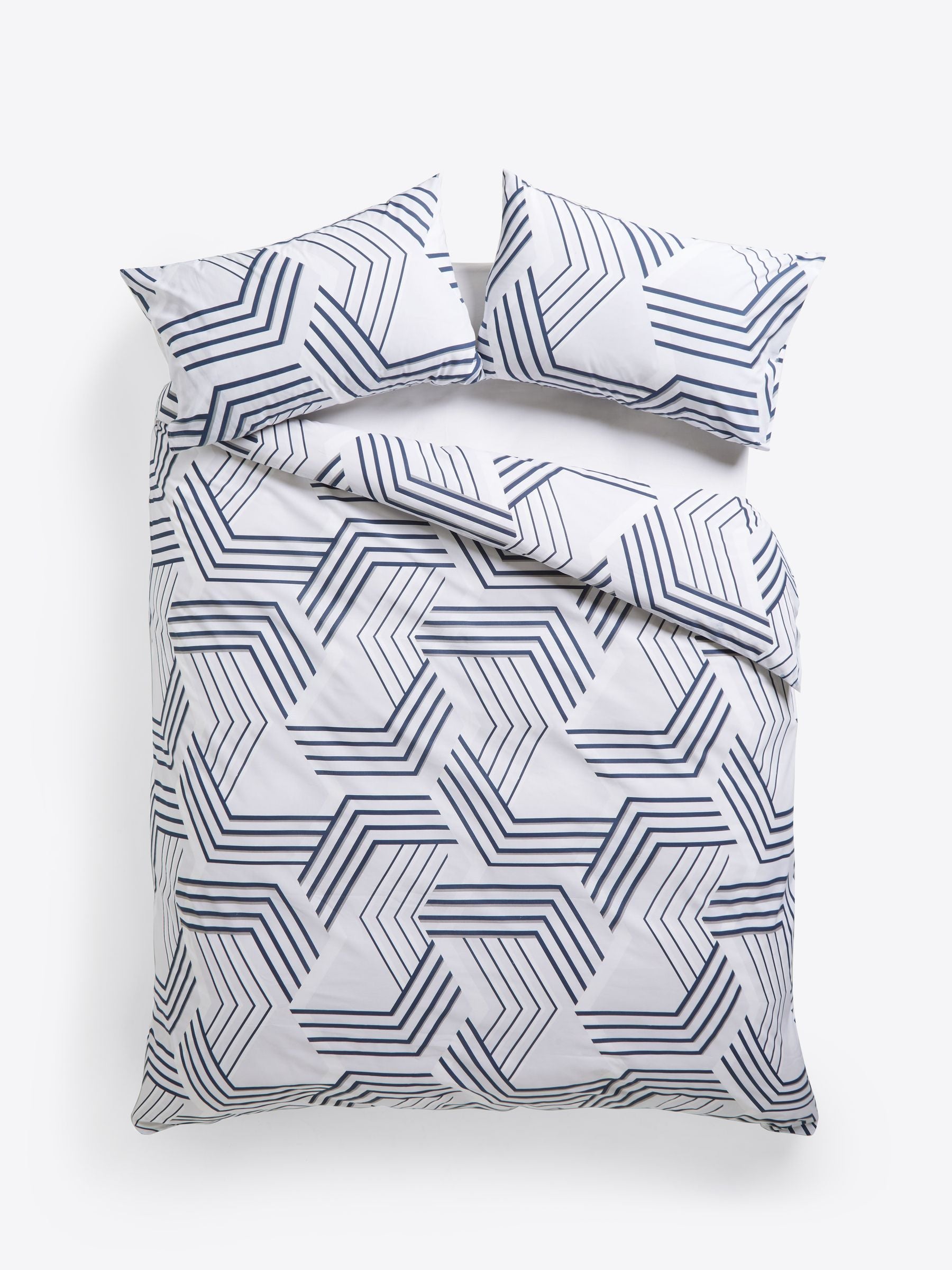 Blue/grey geo reversible duvet cover and pillowcase set, imported from the UK