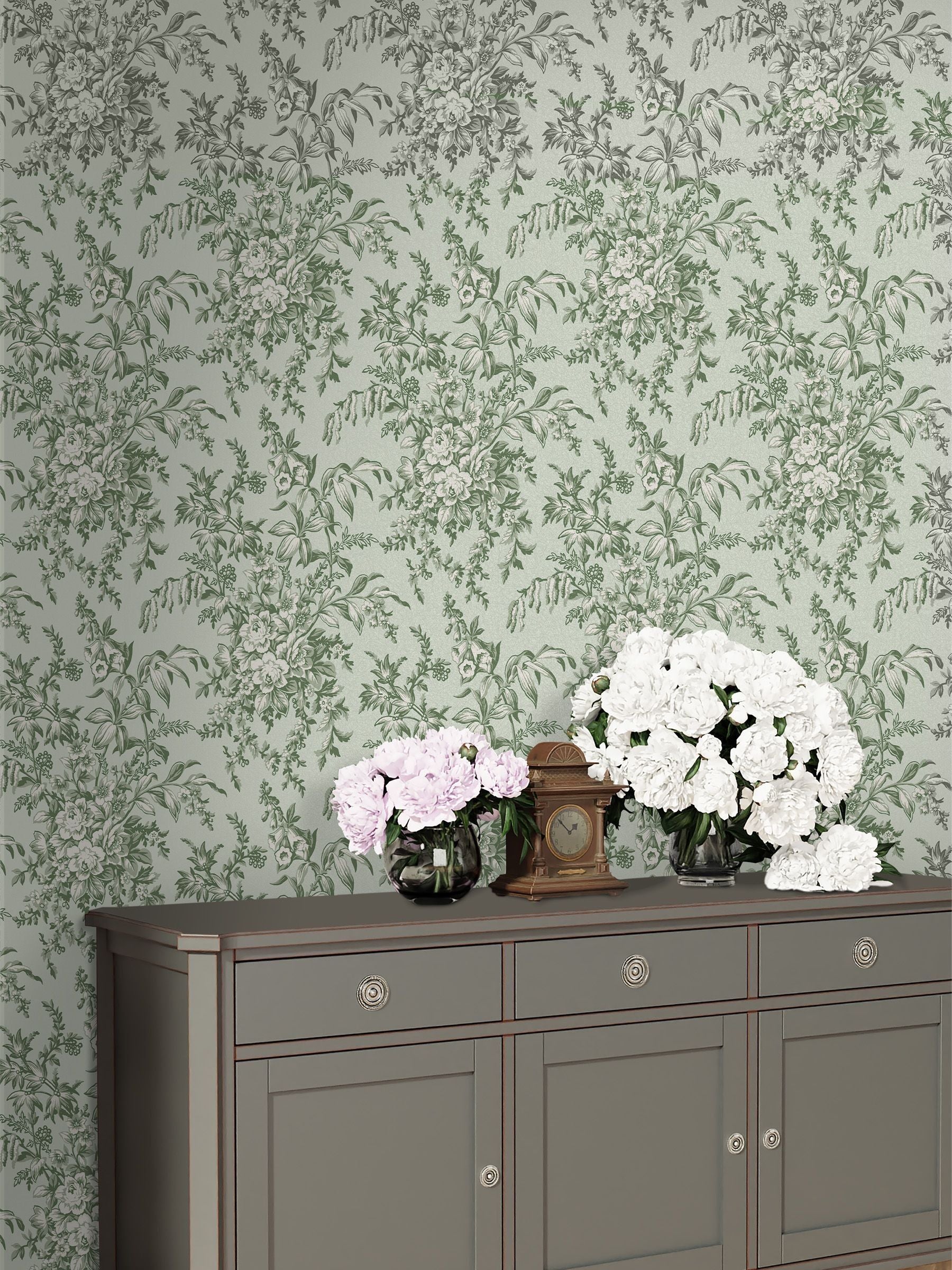 Laura Ashley Sage Green Picardie A4 wallpaper sample (British brand)