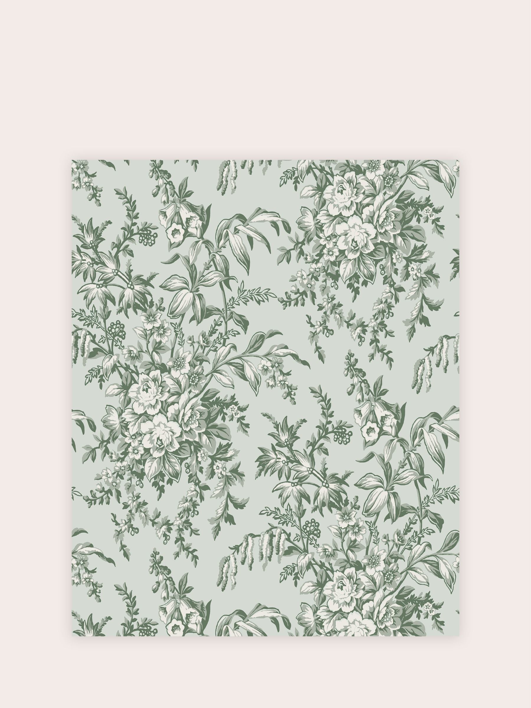 Laura Ashley Sage Green Picardie A4 wallpaper sample (British brand)