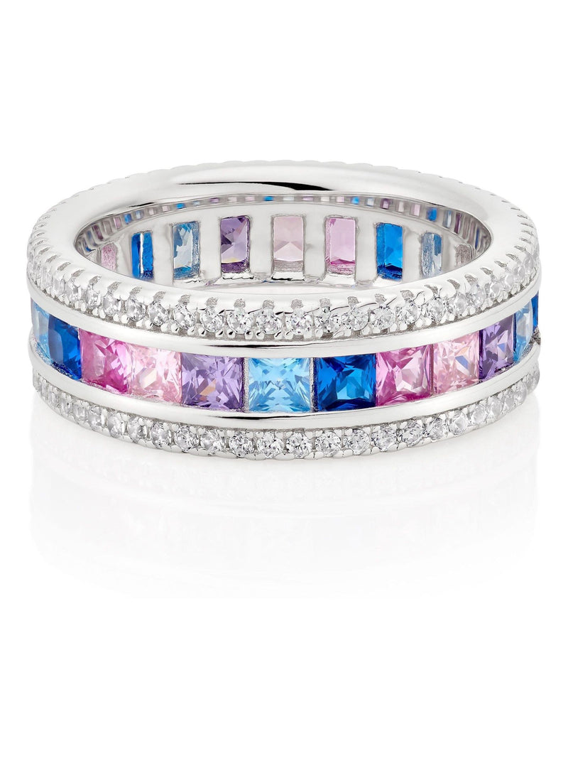 Multicolour cubic zirconia sterling silver ring 7mm width, imported from the UK
