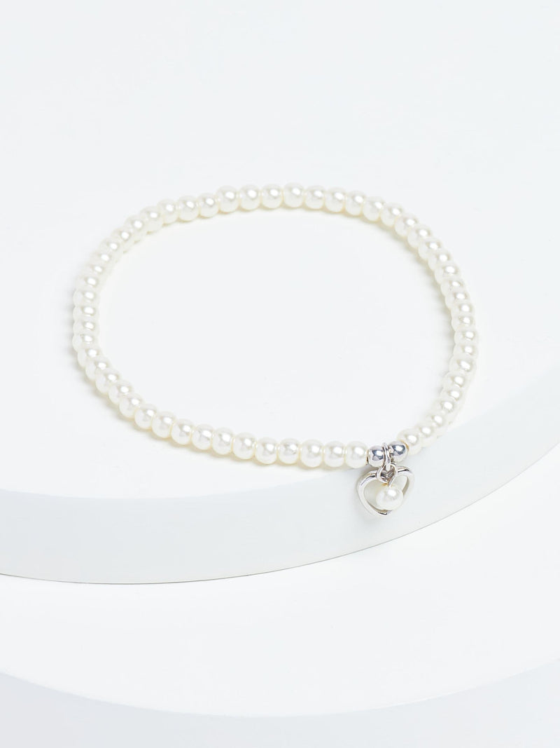 Sterling silver heart charm pearl beaded bracelet (British brand)