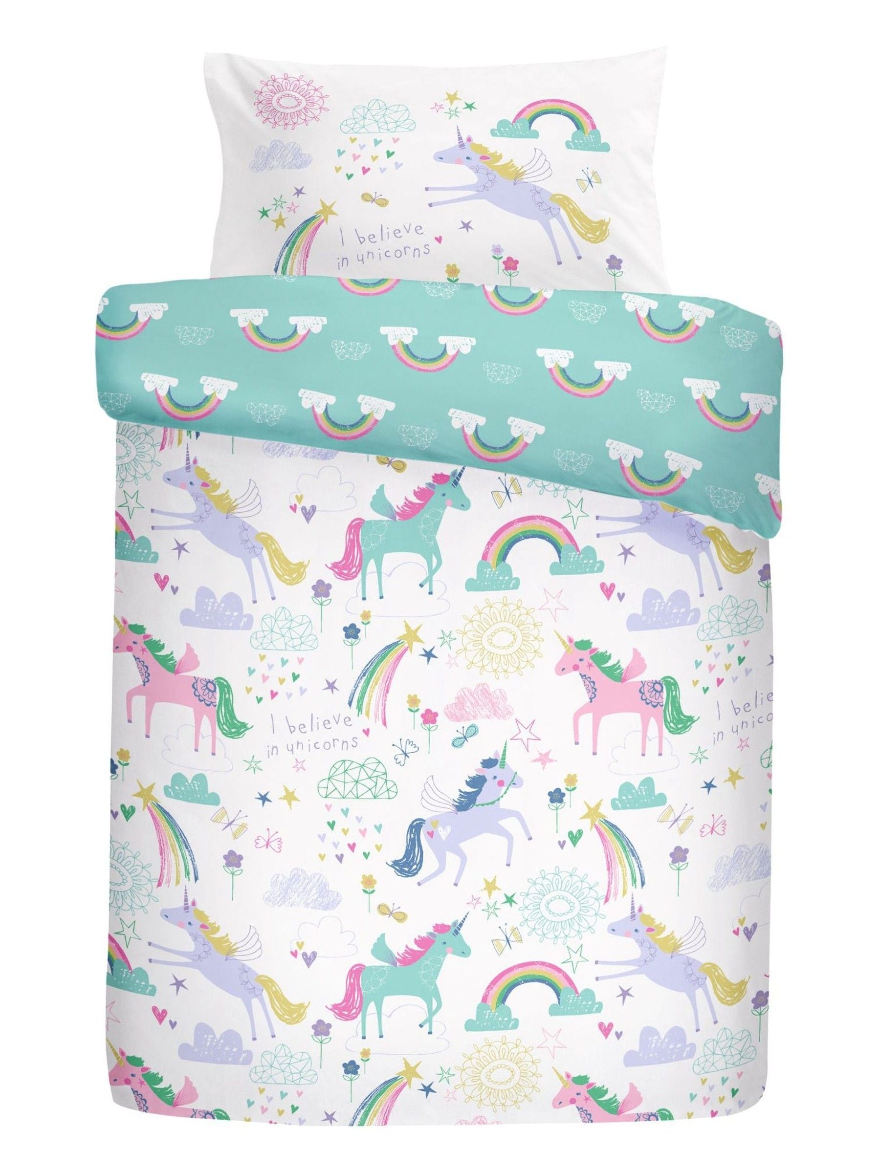Bedlam White/Green Rainbow Unicorn Duvet Cover and Pillowcase Set