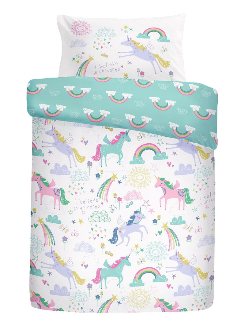 Bedlam White/Green Rainbow Unicorn Duvet Cover and Pillowcase Set