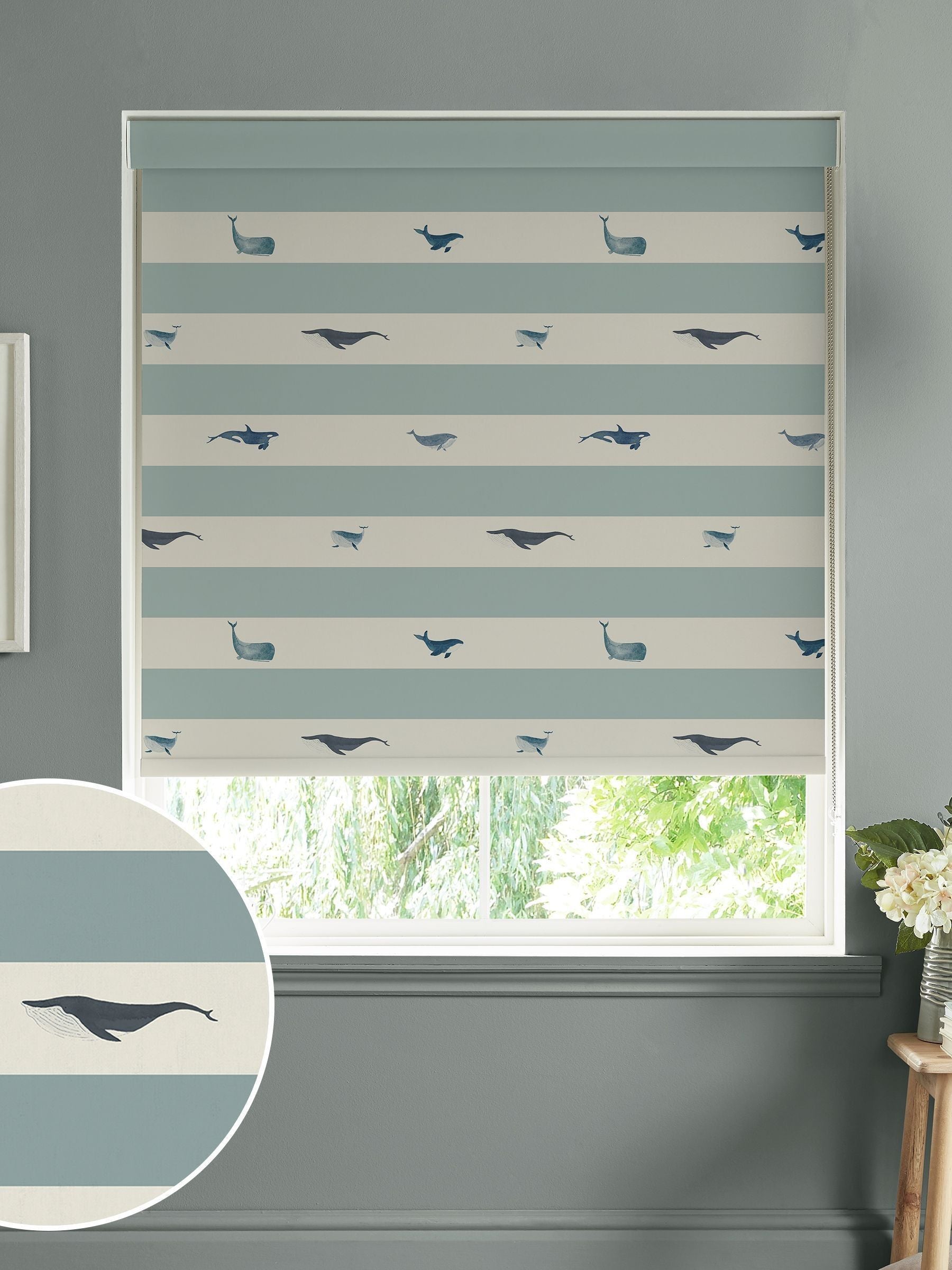 Sophie Allport roller blind deep duck egg blue stripe whale - British product