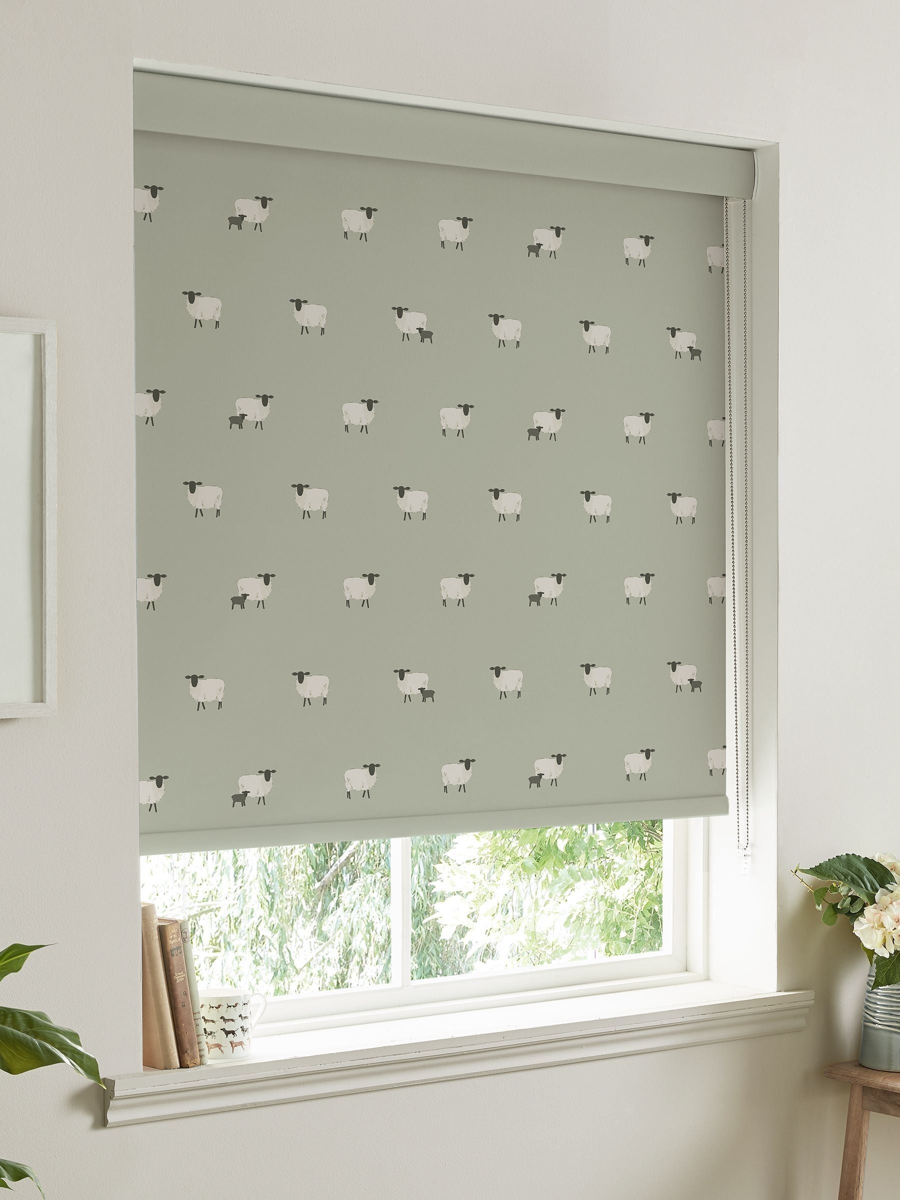Sophie Allport sheep roller blind sage green, imported from the UK