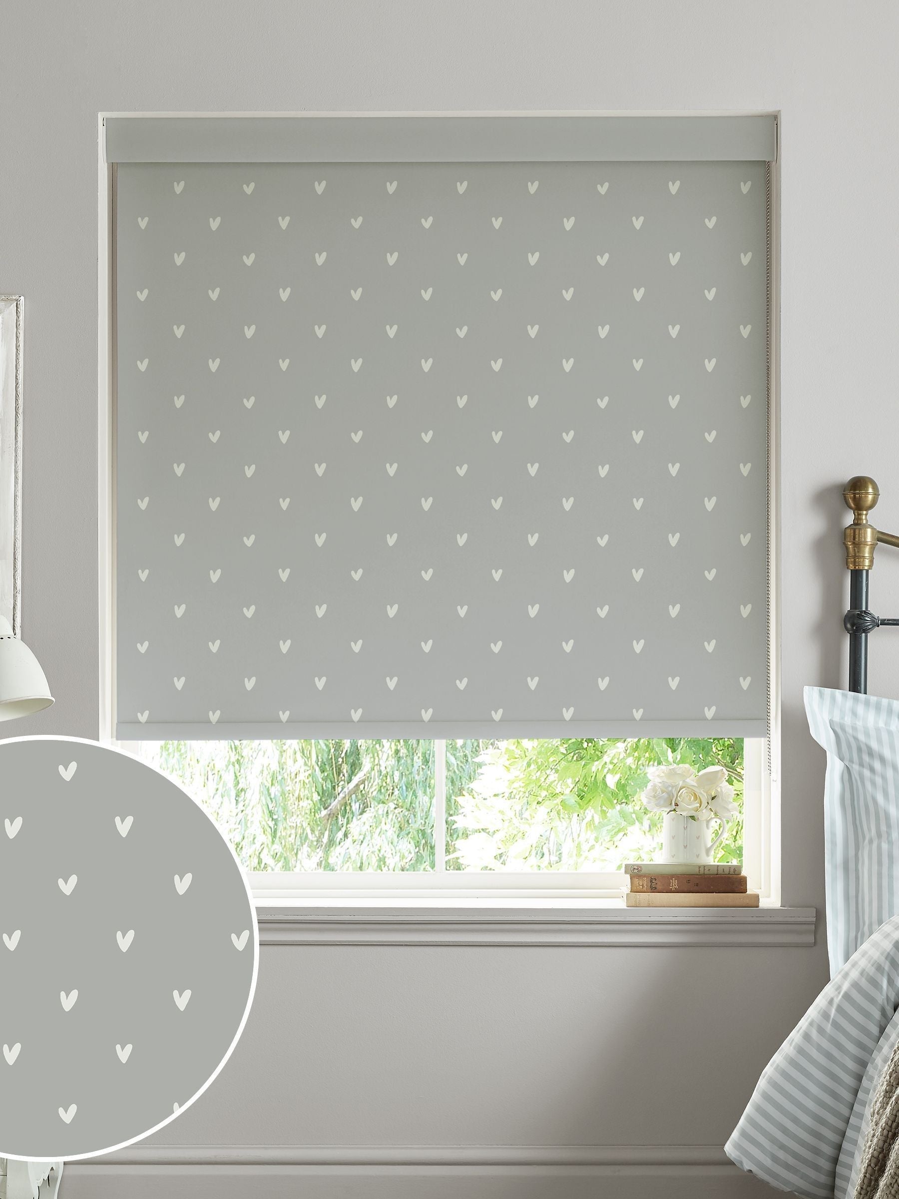 Sophie Allport Grey Hearts roller blind (British brand)