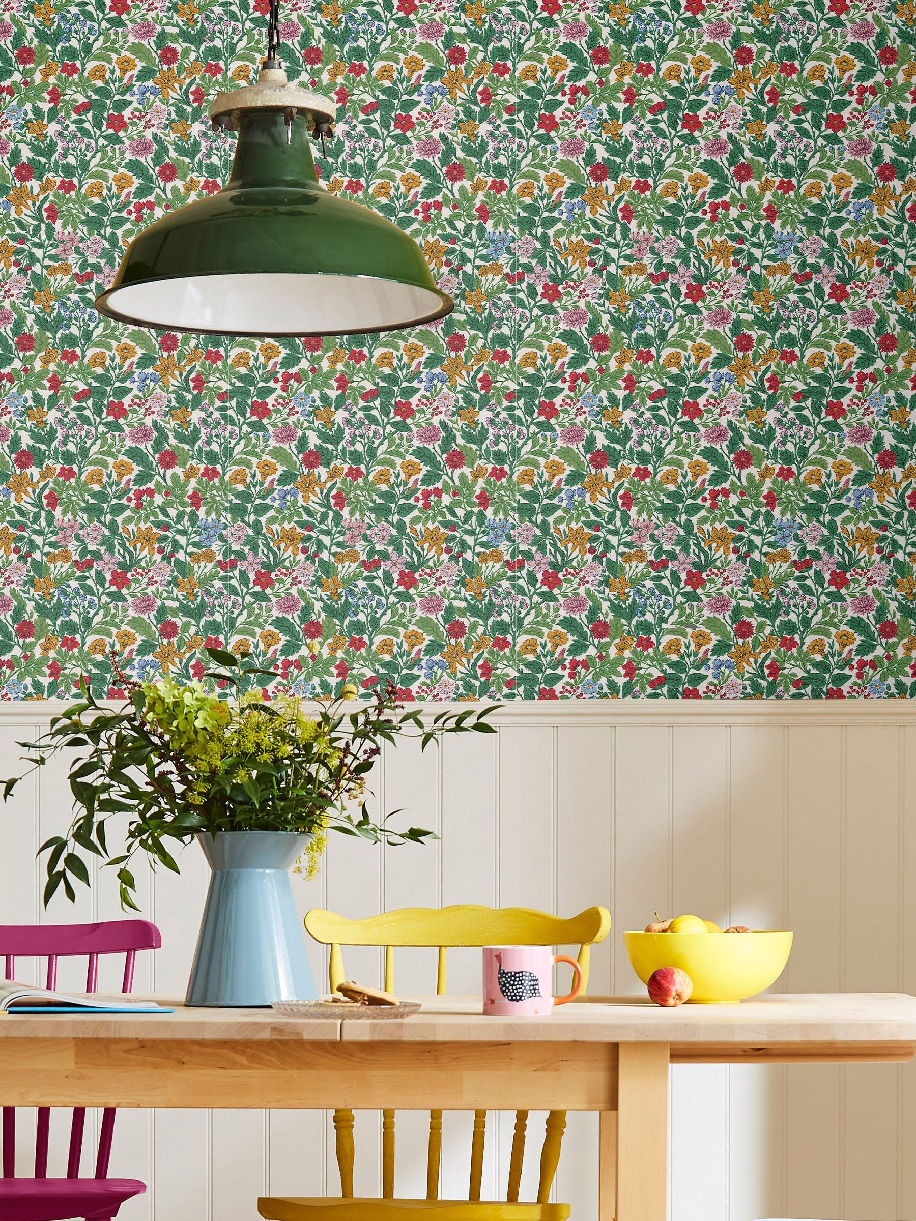 Joules floral wallpaper in rainbow palette, UK version