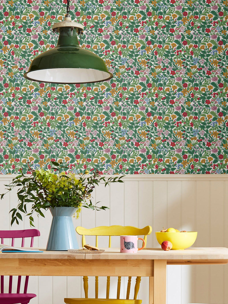 Joules floral wallpaper in rainbow palette, UK version