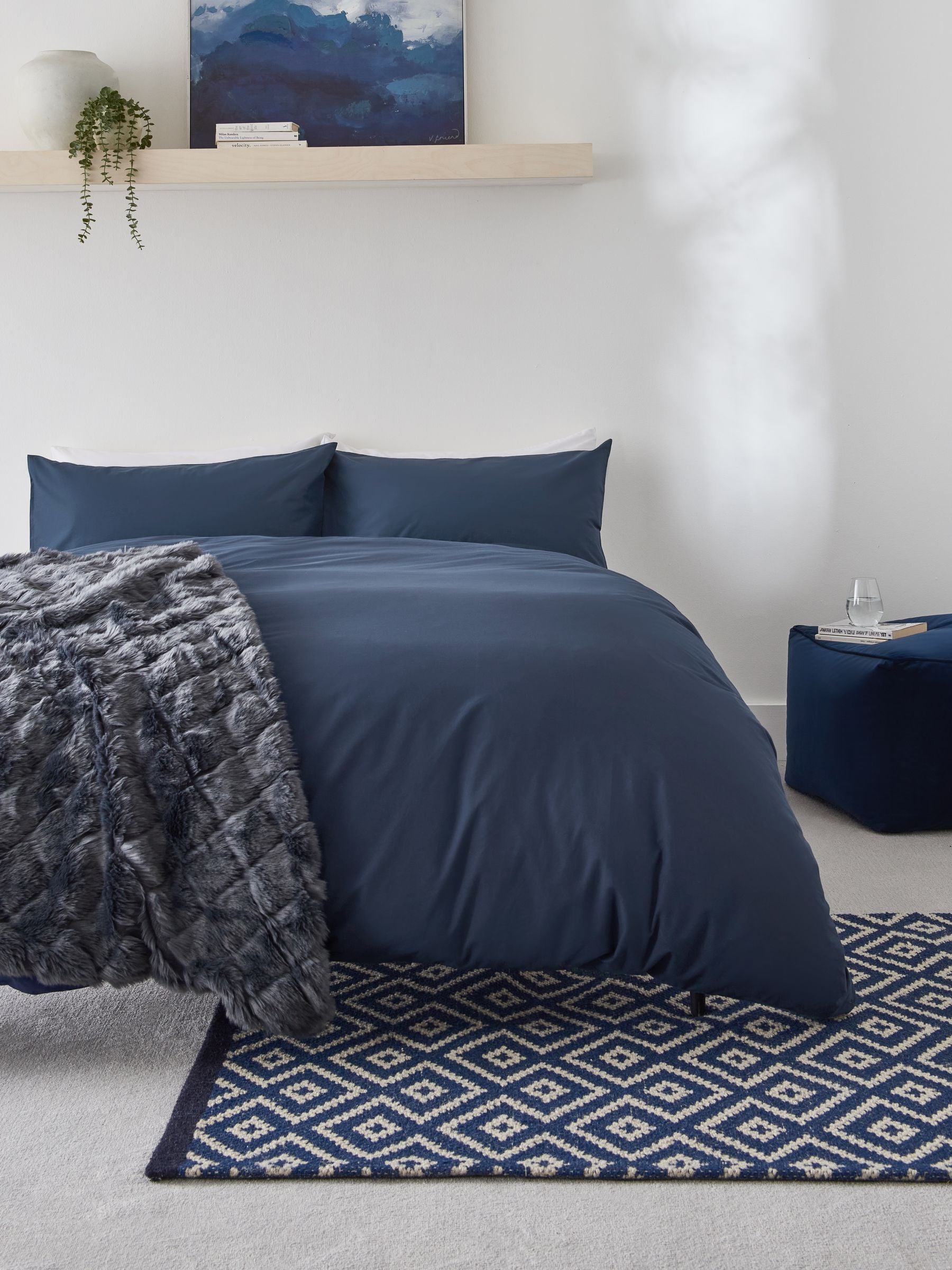 Navy blue polycotton duvet cover and pillowcase set, imported from the UK