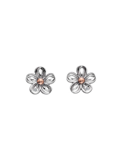 Boucles d'oreilles en argent sterling à motif floral avec or rose et diamants, longueur 12 mm