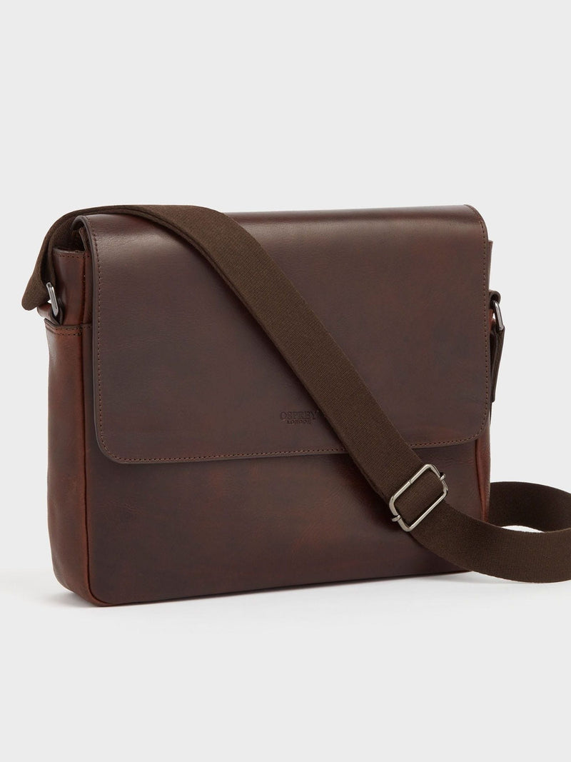 Osprey London chestnut brown saddle leather large messenger bag, imported from the UK