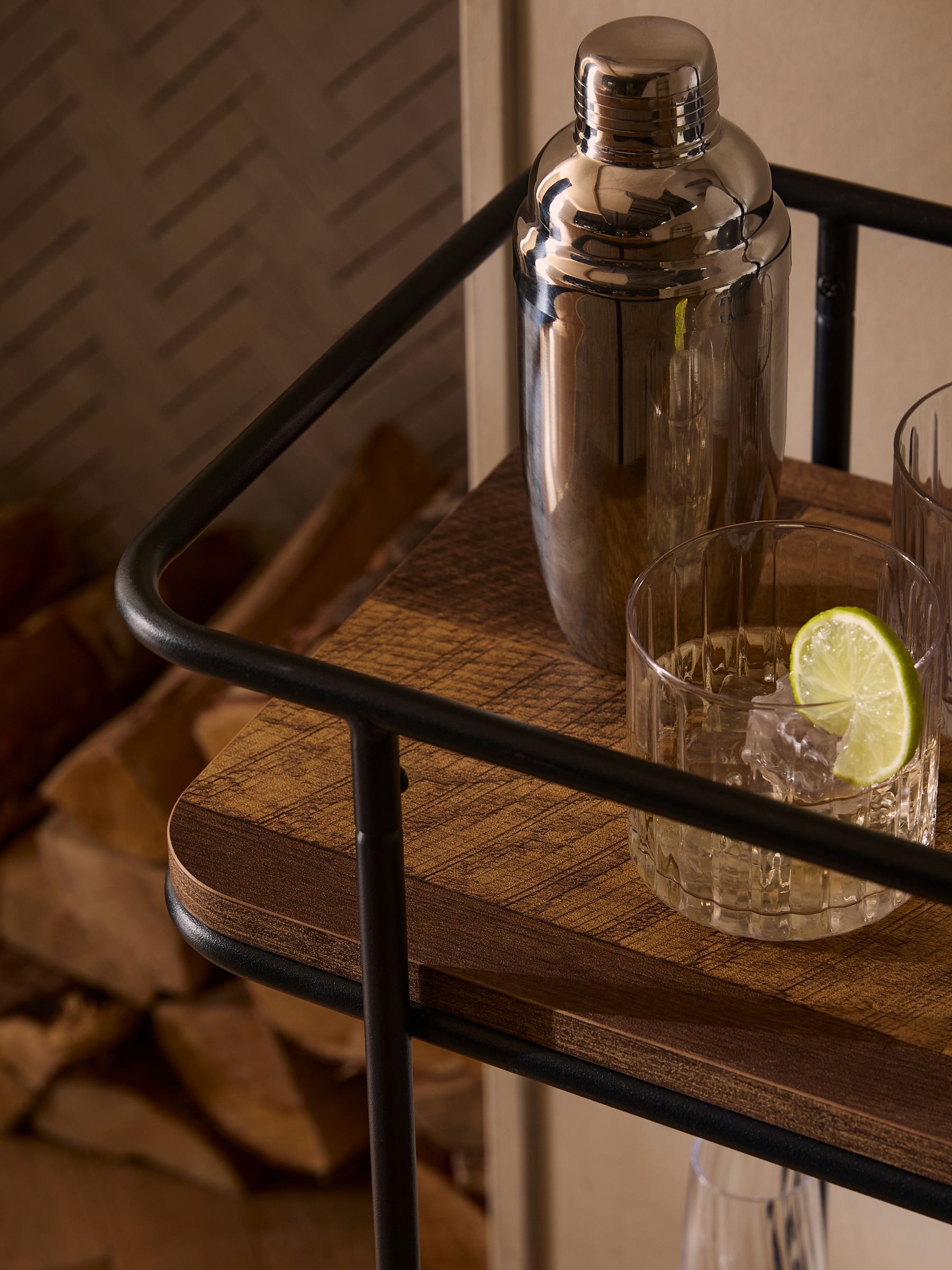 Bronx drinks trolley with wood-effect shelves and wheels, imported from the UK