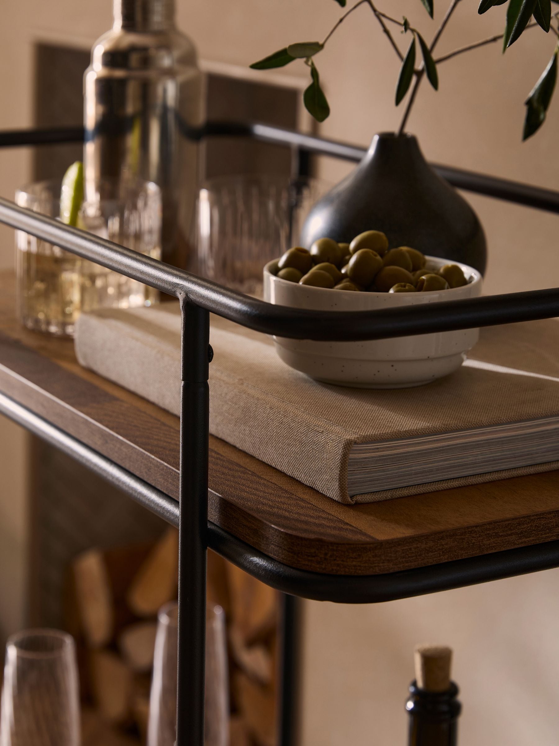 Bronx drinks trolley with wood-effect shelves and wheels, imported from the UK