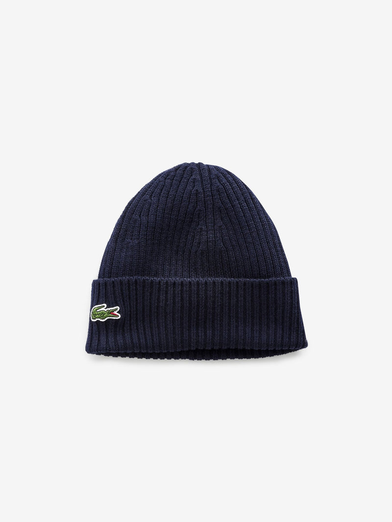 Lacoste blue soft wool ribbed beanie (British brand)