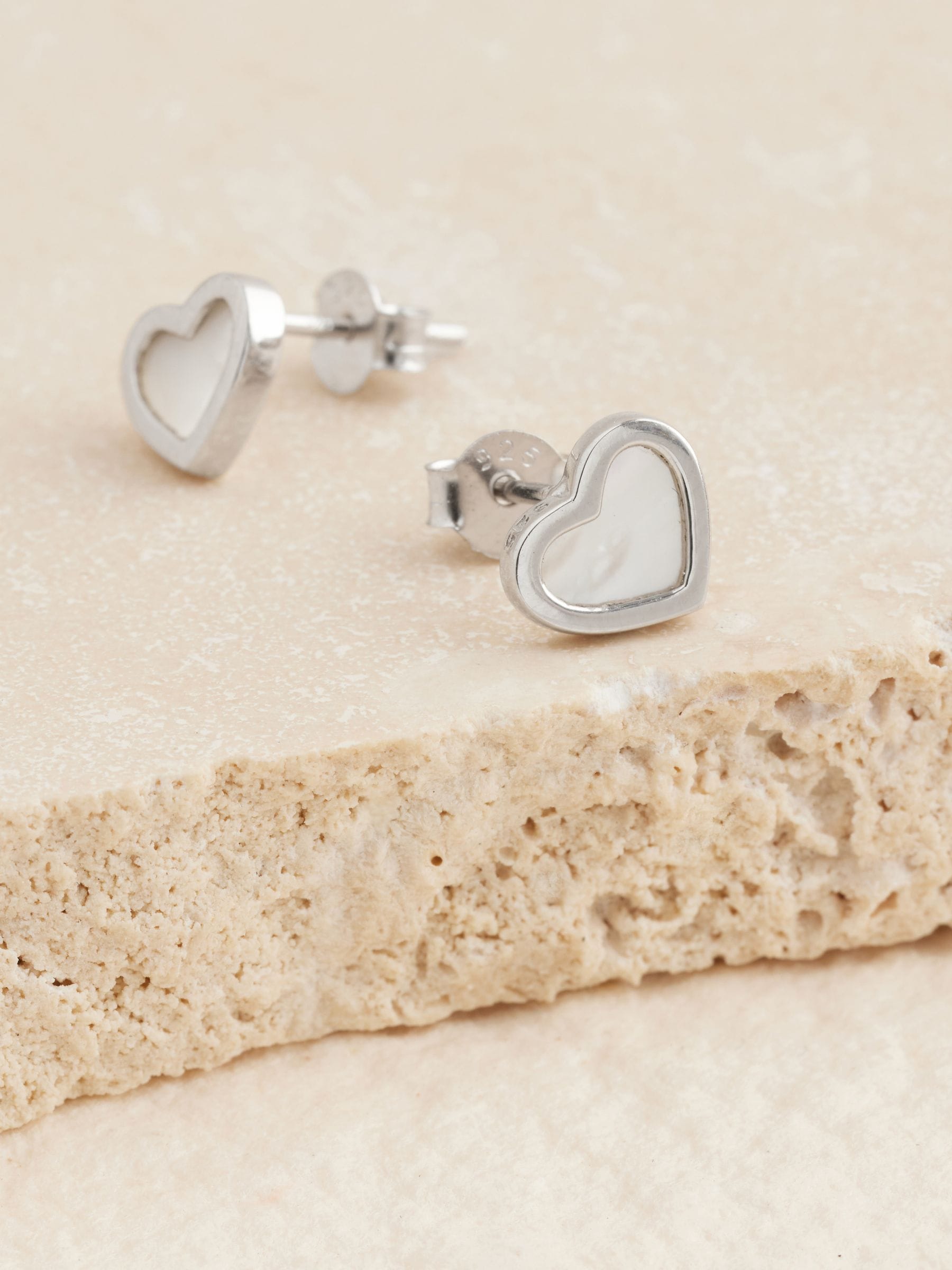 Sterling silver mother of pearl heart earrings (British brand)