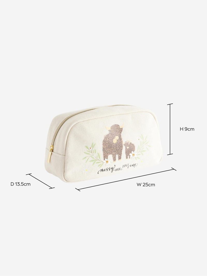 Makeup bag featuring Hamish the Highland Cow design, imported from the UK