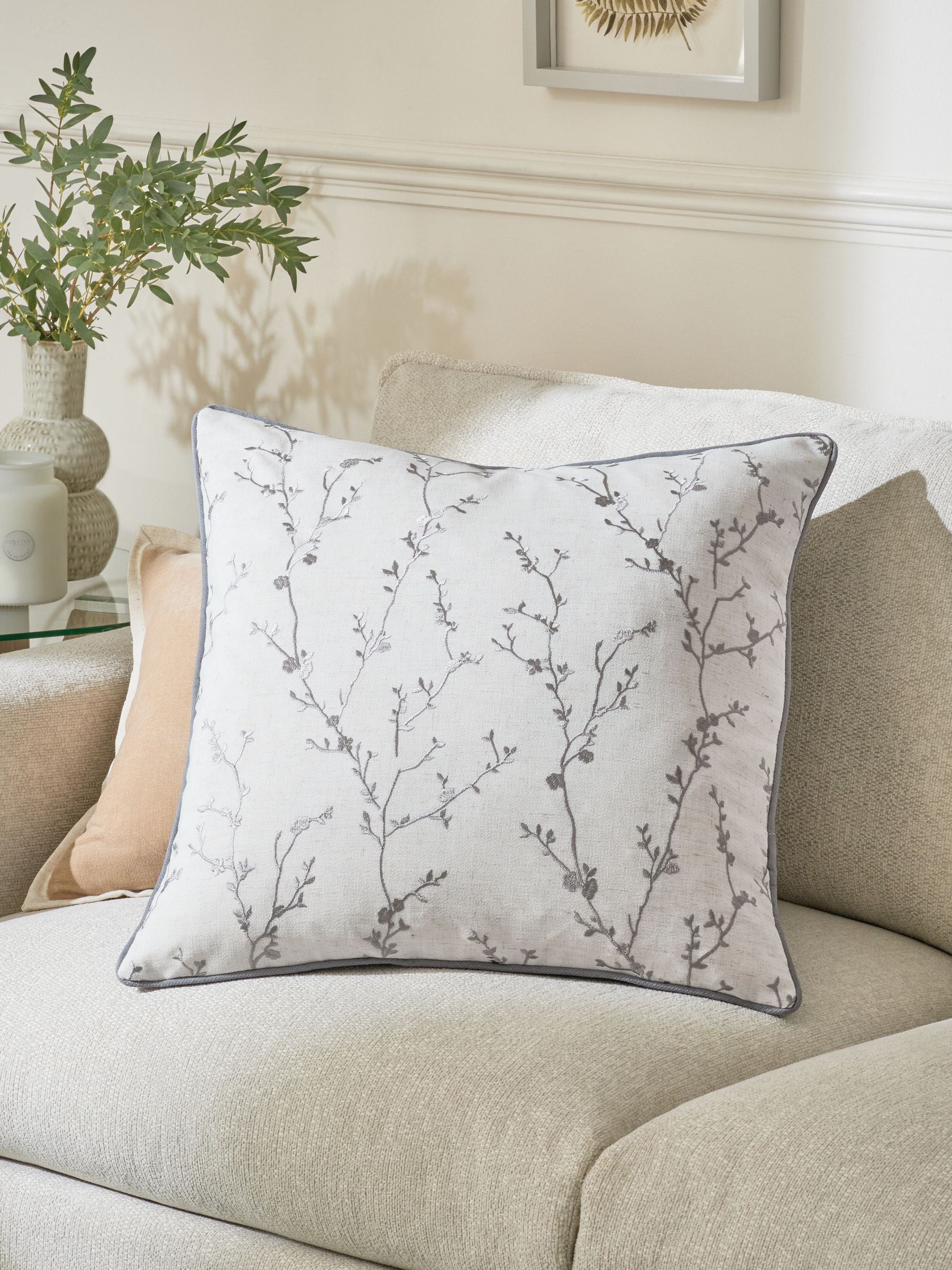 Grey willow embroidered cushion 50x50cm home decor (British brand)