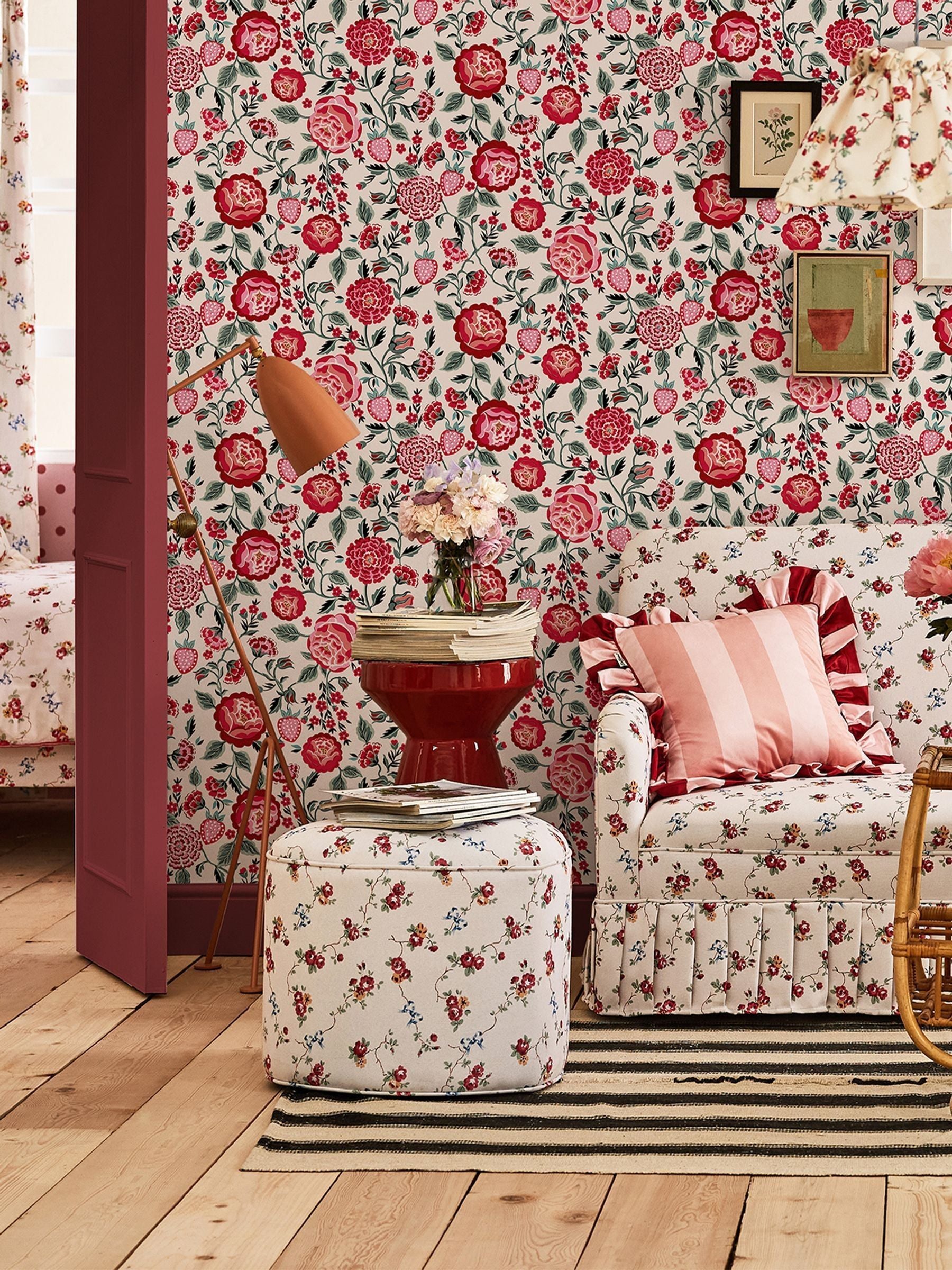 Cath Kidston Navy Strawberry Garden Rose Wallpaper Sample A4