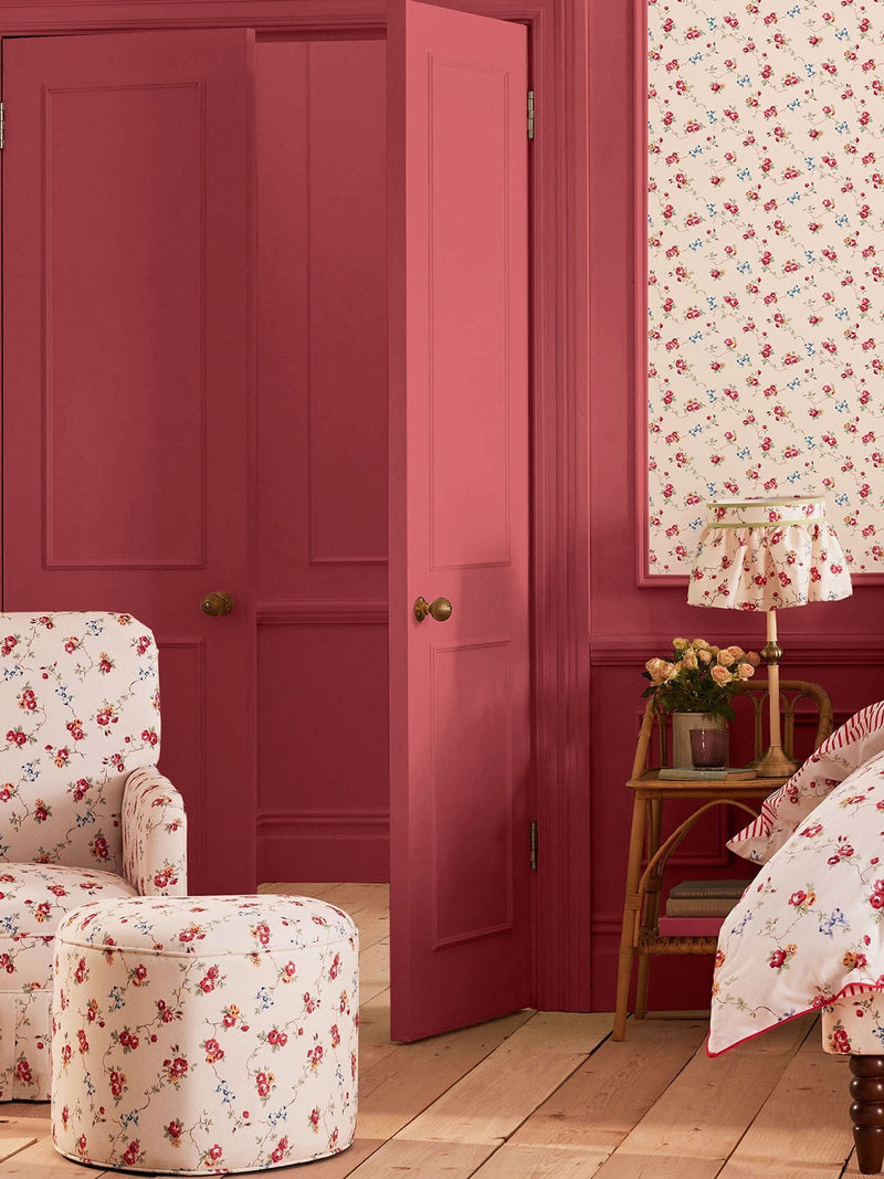 Cath Kidston Roses & Bows red wallpaper sample A5, UK version