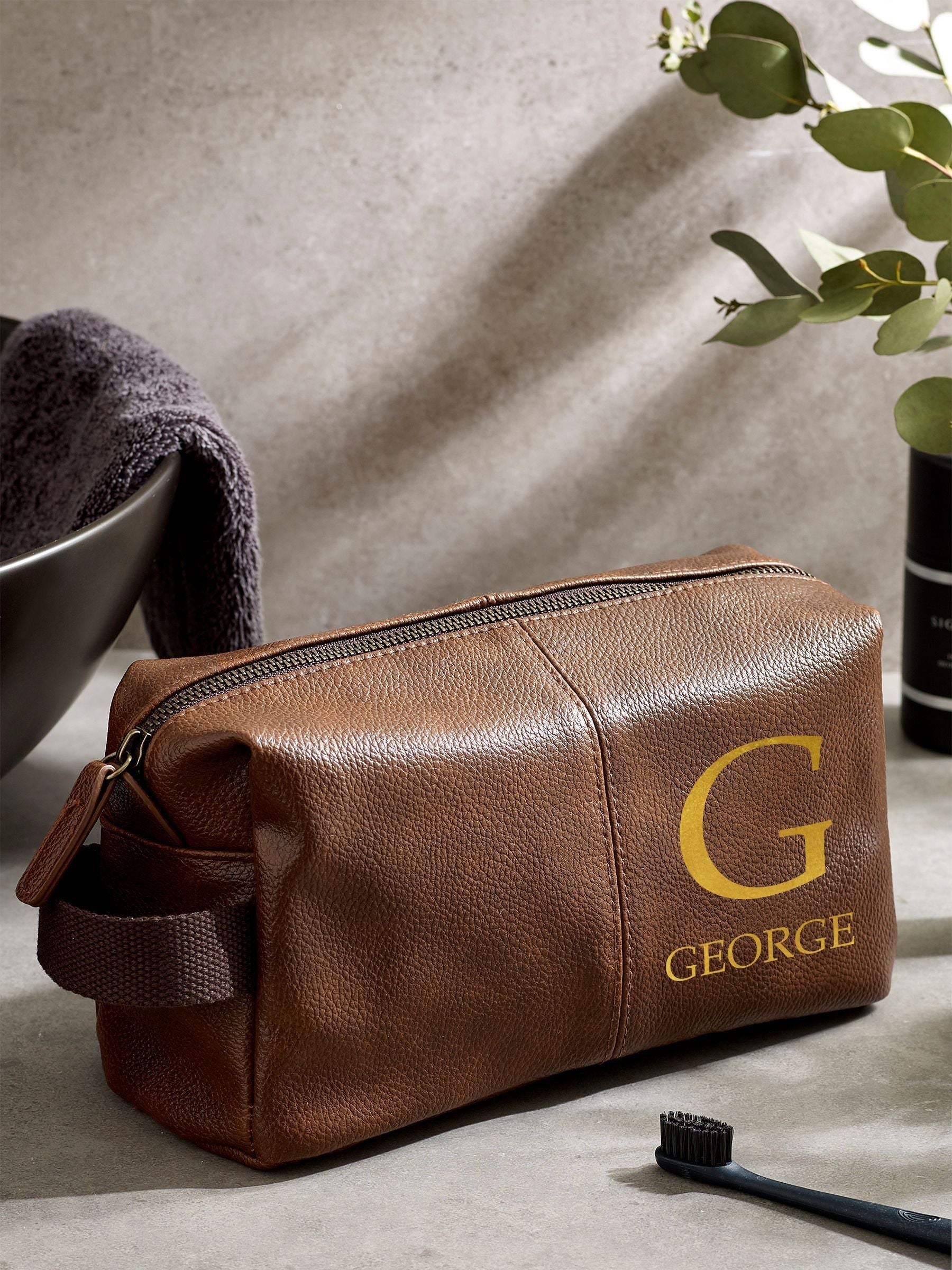Mens faux leather washbag personalised with initials (British brand)