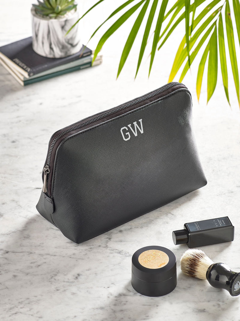 Personalised faux leather wash bag for men, UK version