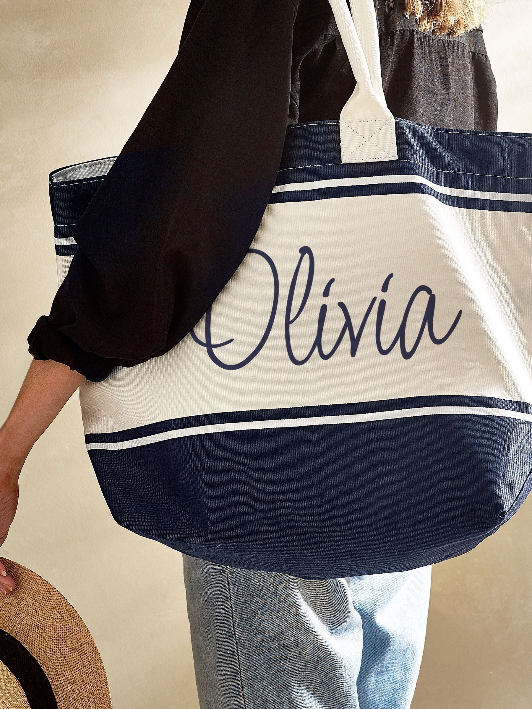 Personalised stripe beach bag in cotton canvas, UK version