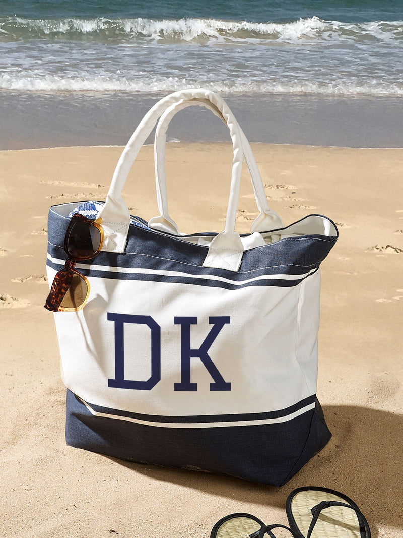 Personalised stripe beach bag in cotton canvas, UK version
