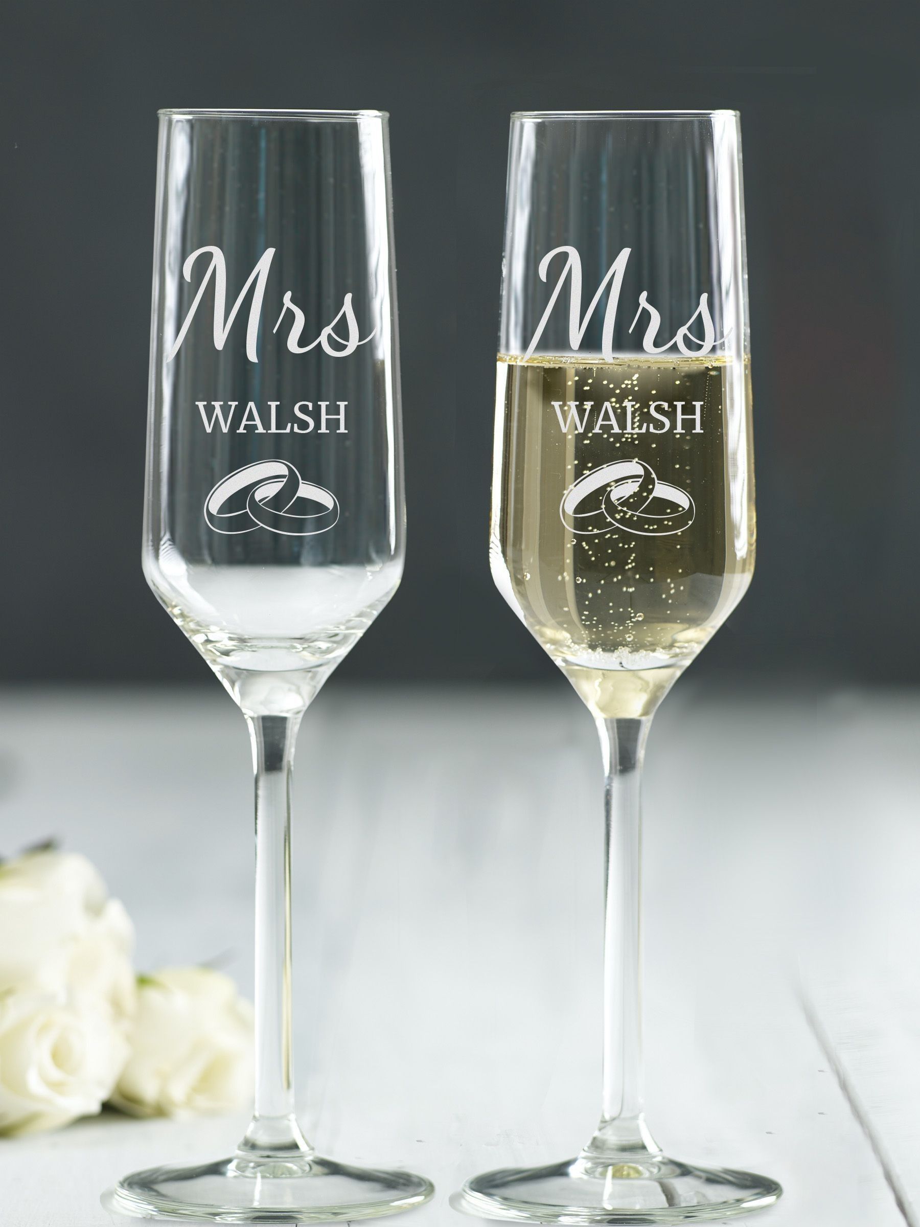 Loveabode personalised champagne ring glasses 7.75oz, imported from the UK