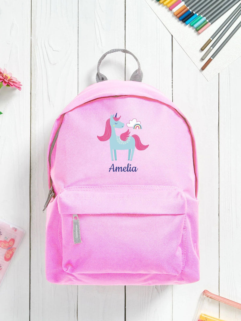 Personalised pink children's backpack with unicorn design 38cm (British brand)