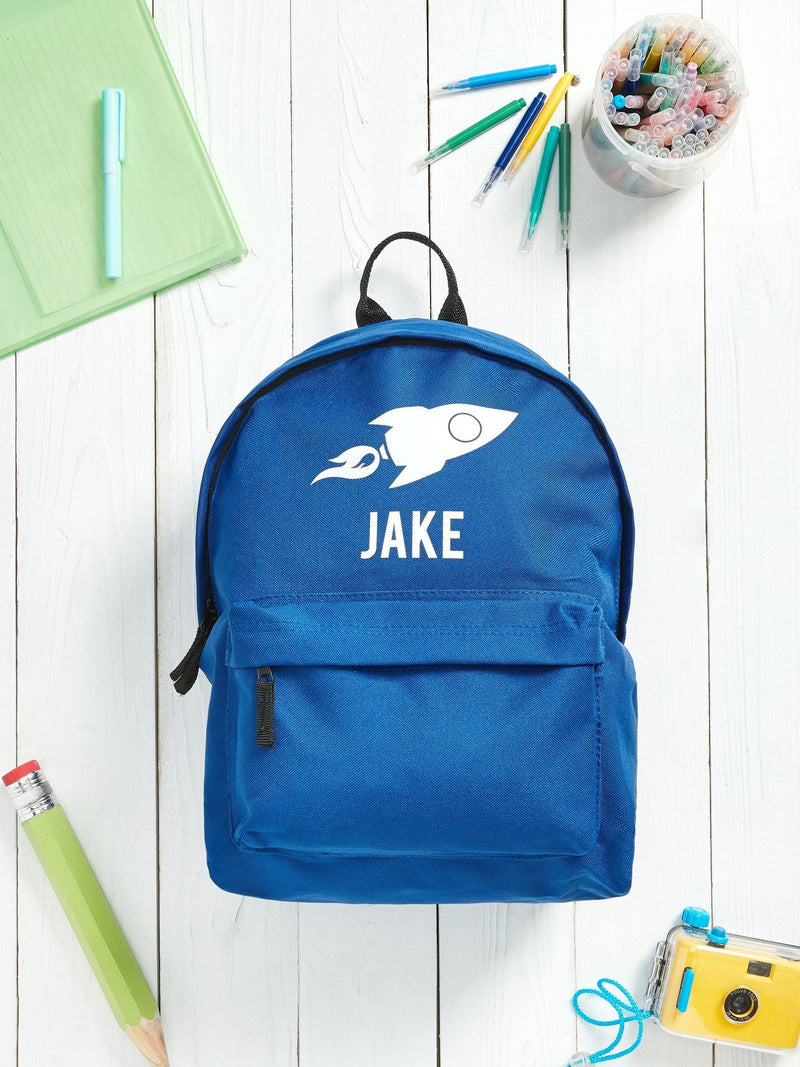 Loveabode backpack blue personalised rocket, UK version