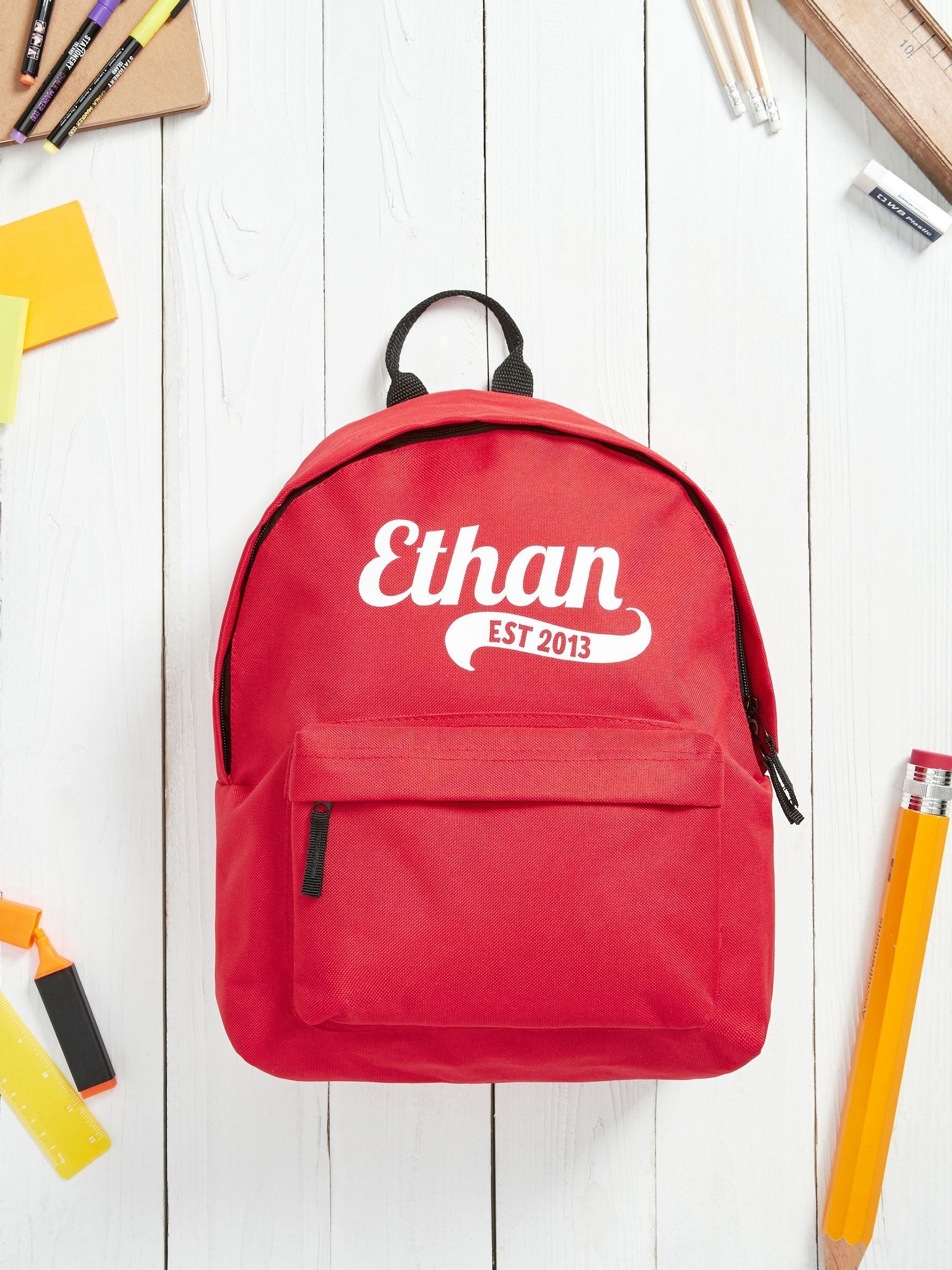 Loveabode red personalised name and date rucksack, imported from the UK