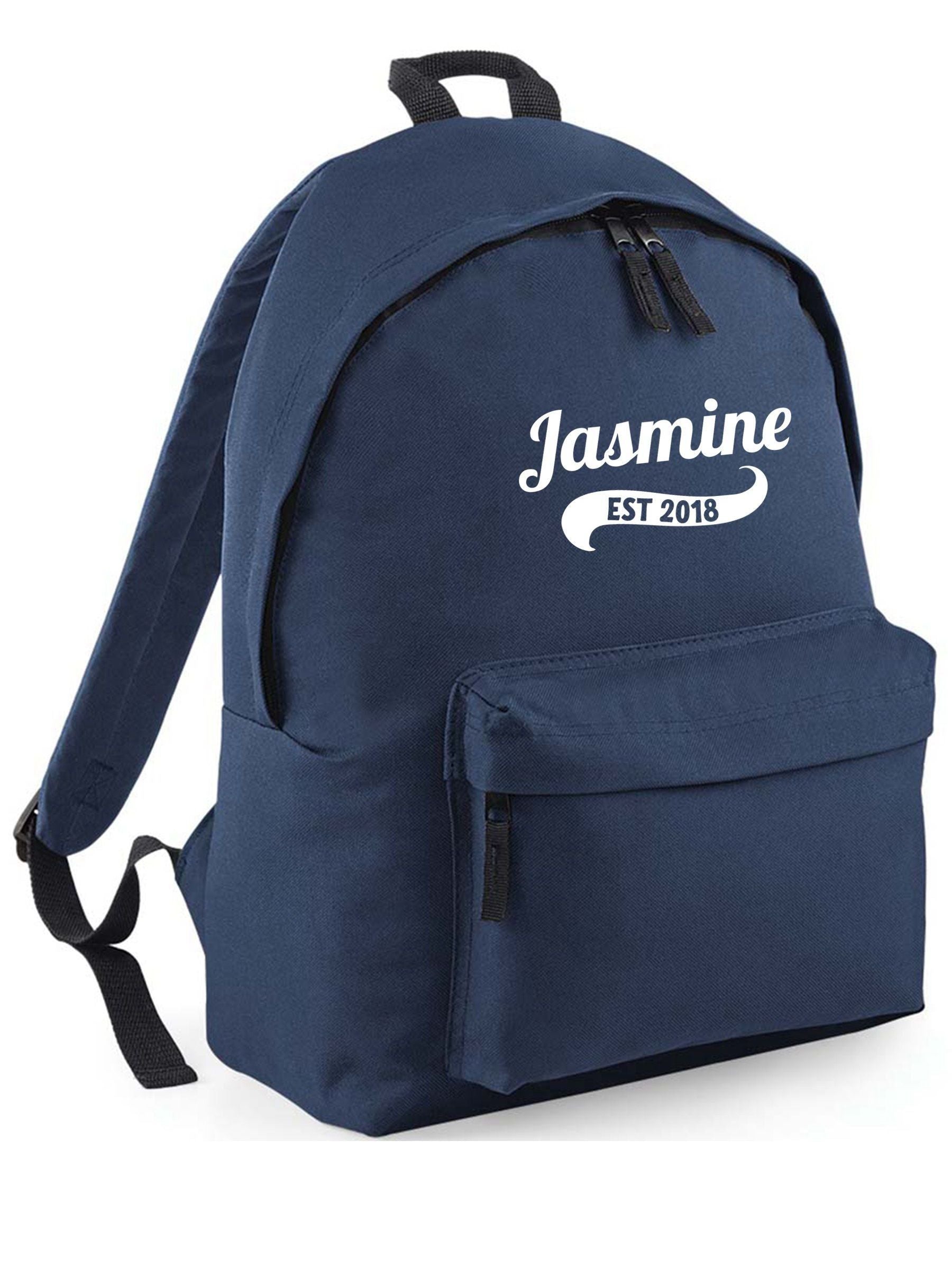 Personalised navy children's backpack with name and year - British product