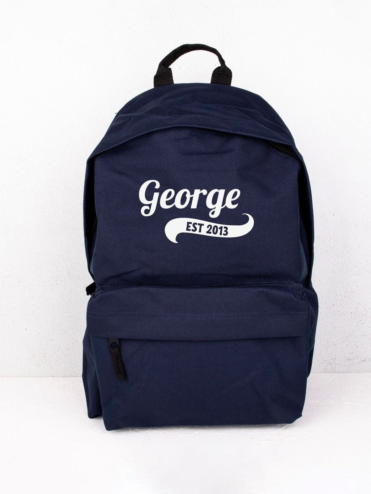 Personalised navy children's backpack with name and year - British product