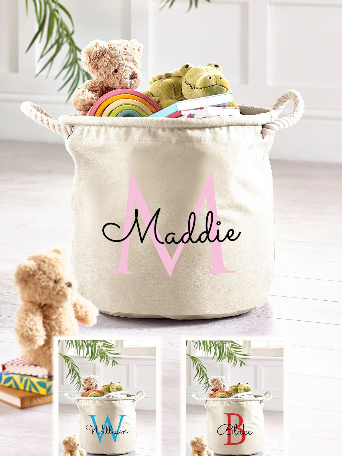 Personalised cream canvas storage basket 40x40cm, imported from the UK