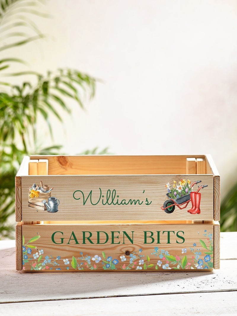 Garden storage crate box personalised solid pine, imported from the UK