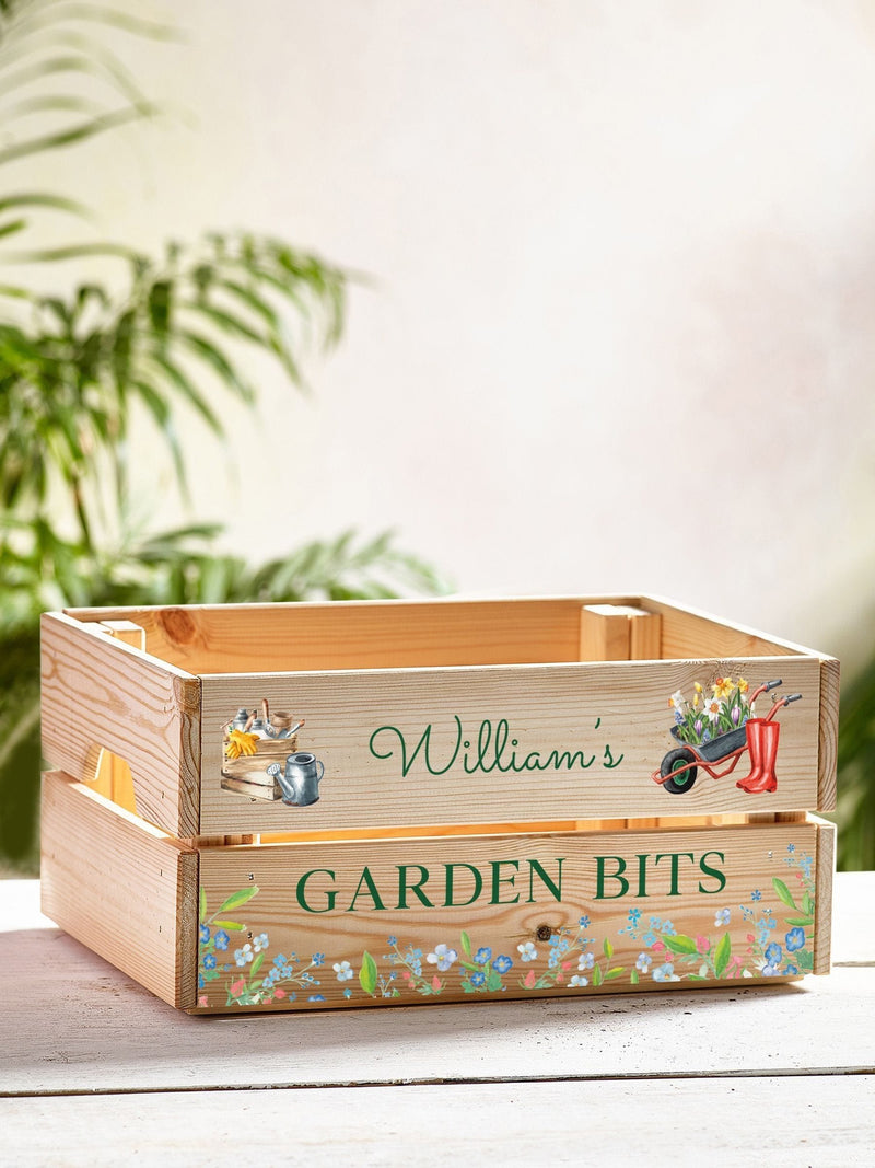 Garden storage crate box personalised solid pine, imported from the UK