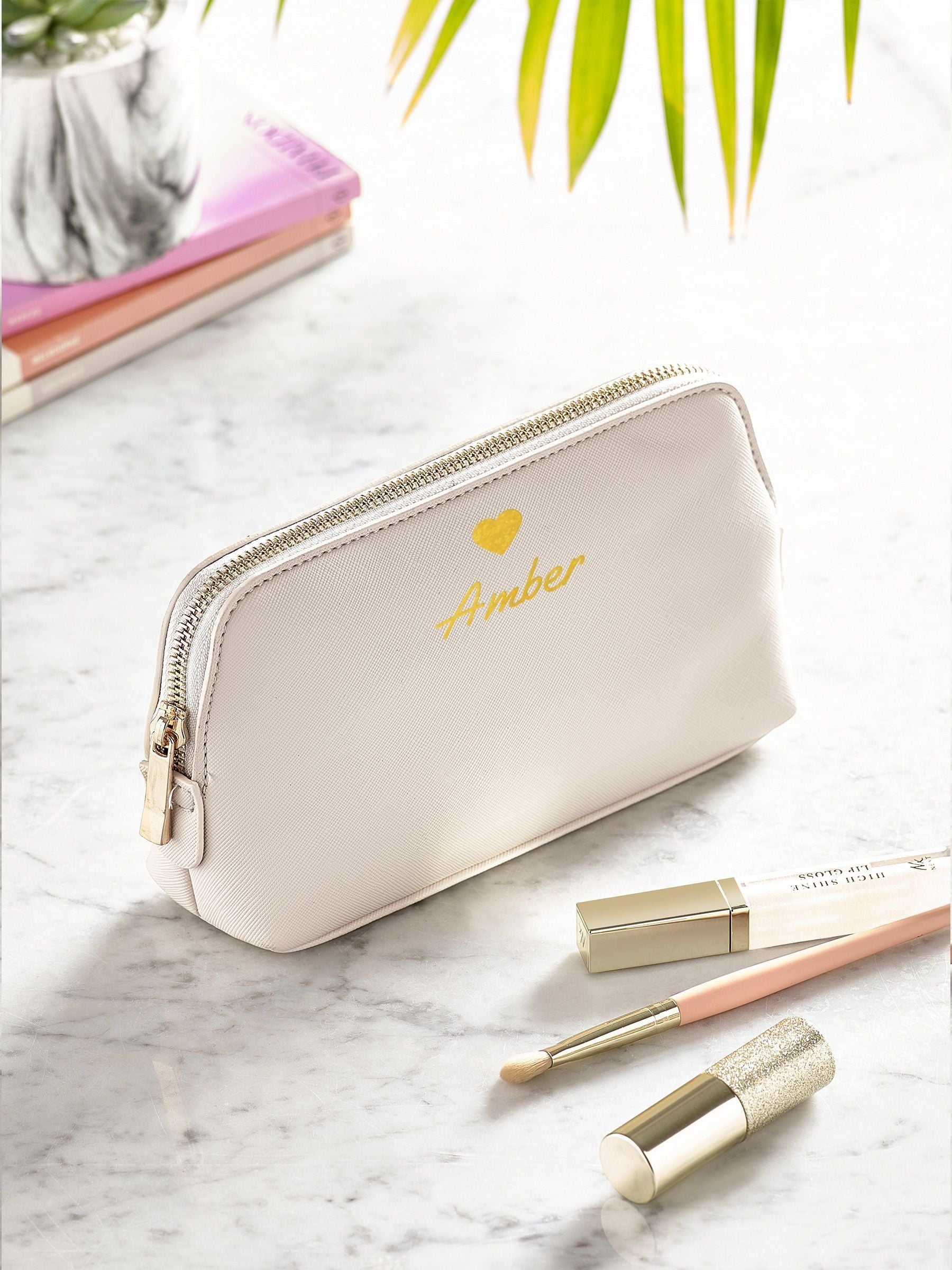 Personalised faux leather makeup bag with name and heart, imported from the UK