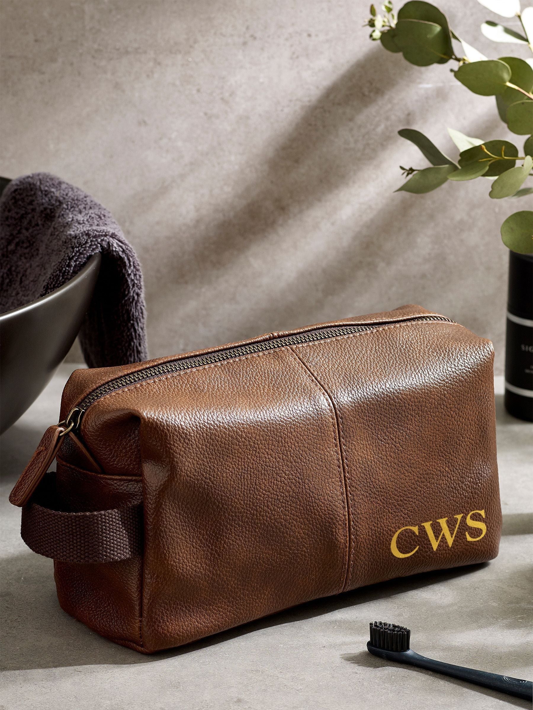 Personalised Name & Initial Men's Faux Leather Washbag