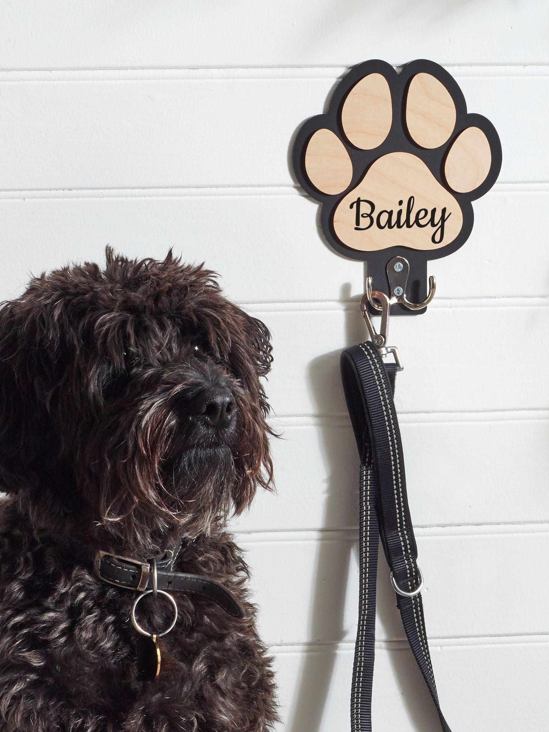 Personalised wooden dog lead hook paw shaped, UK version