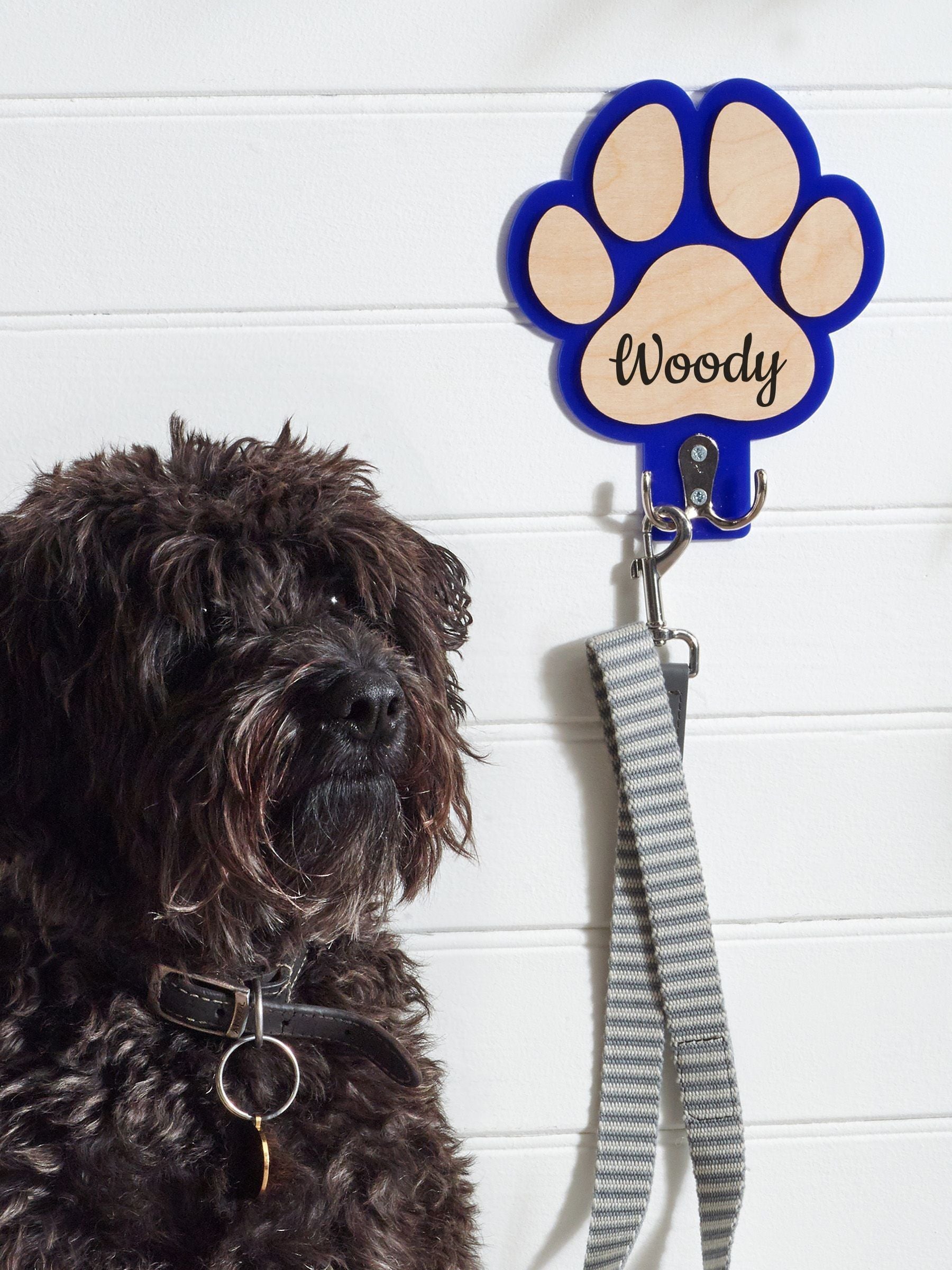 Personalised wooden dog lead hook paw shaped, UK version