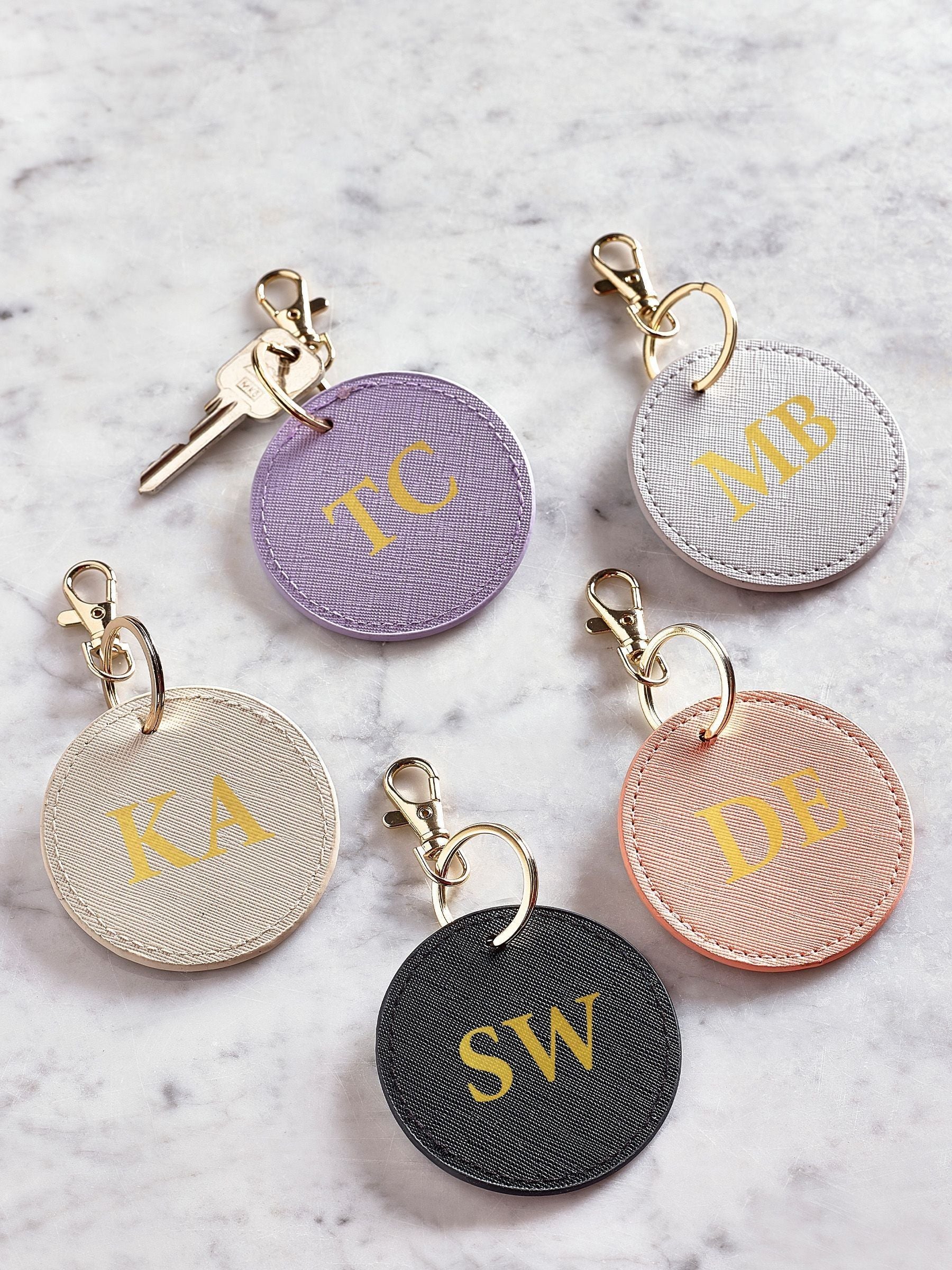 LoveAbode personalised round keyring PU leather gold clip (British brand)