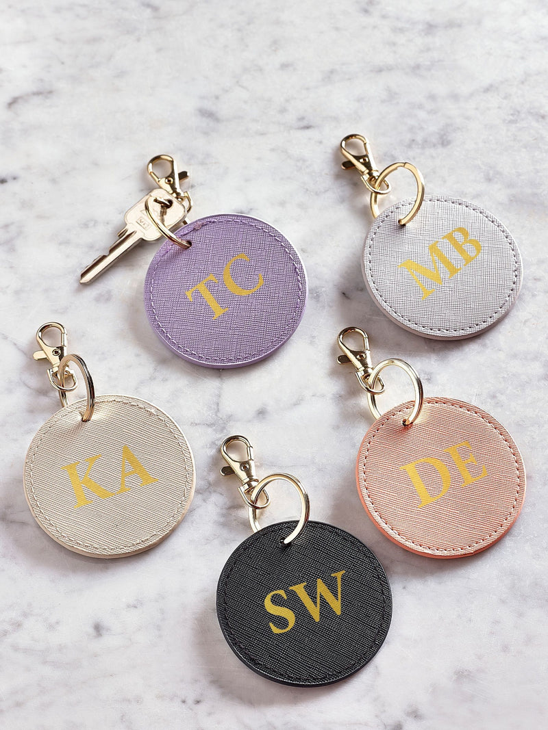 LoveAbode personalised round keyring PU leather gold clip (British brand)