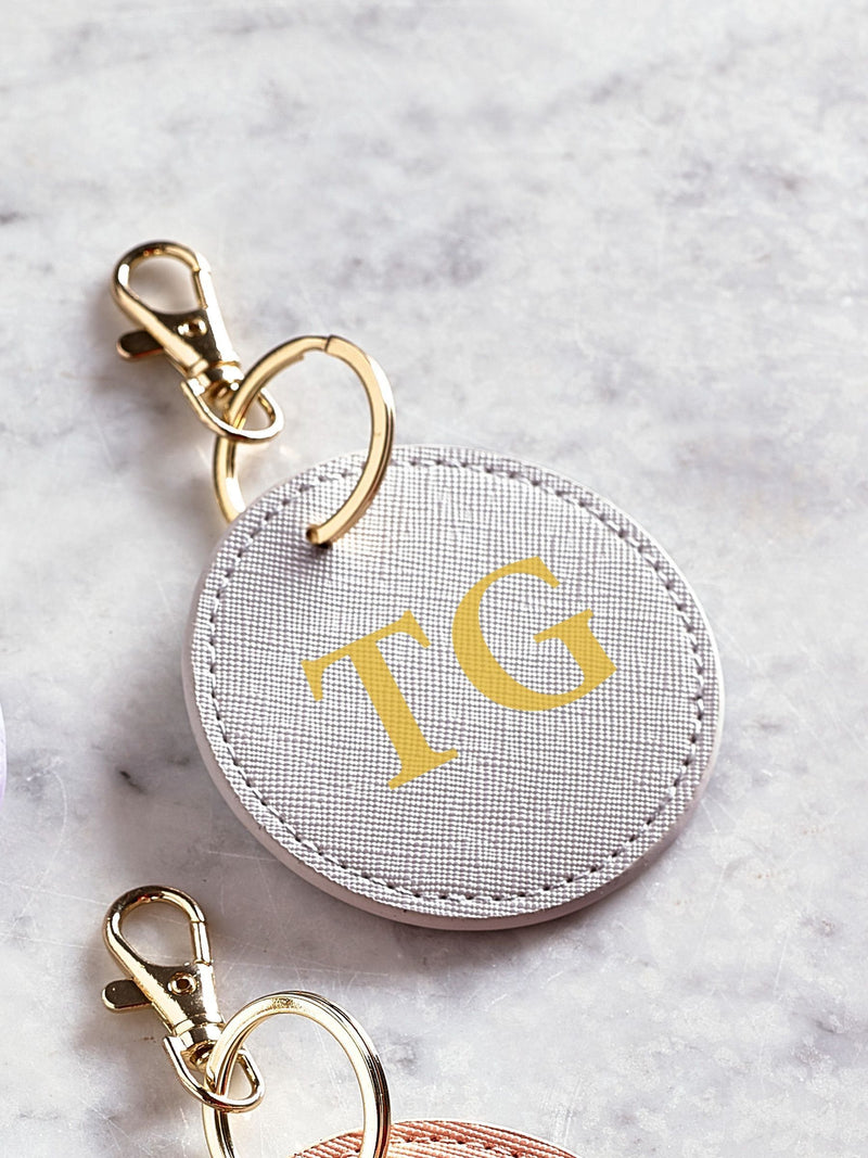 LoveAbode personalised round keyring PU leather gold clip (British brand)