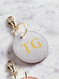 LoveAbode personalised round keyring PU leather gold clip (British brand)