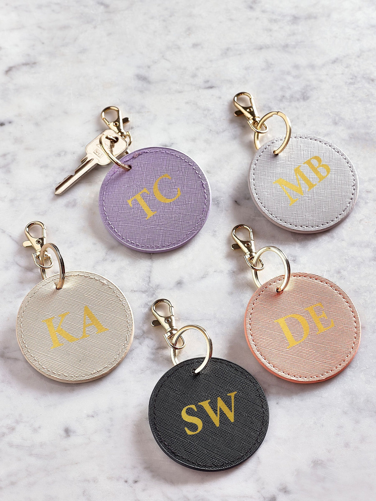 LoveAbode personalised round keyring PU leather gold clip (British brand)