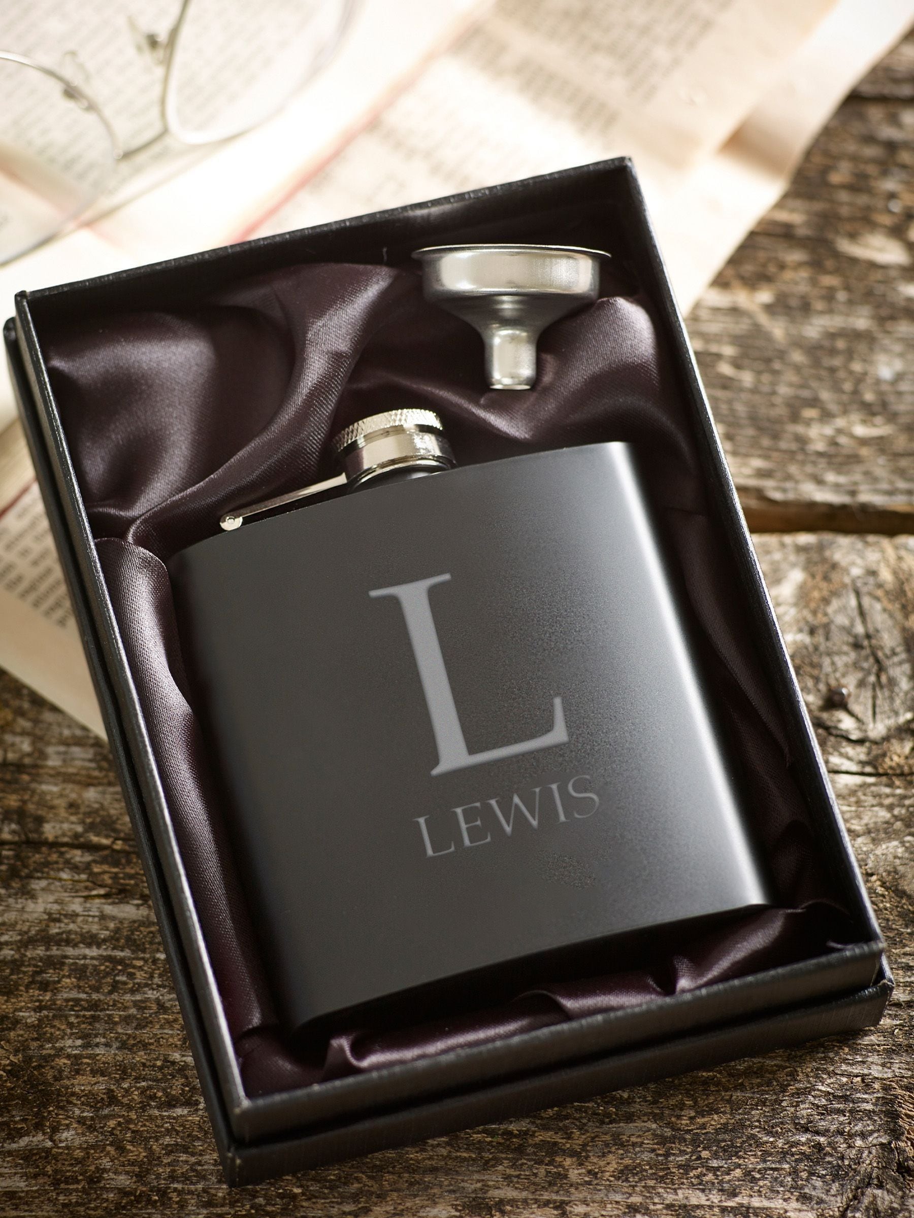 Loveabode personalised hip flask, stainless steel, imported from the UK