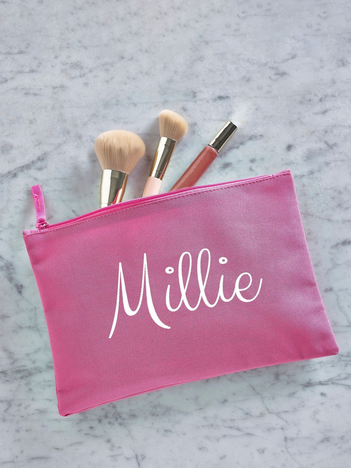 Personalised pink grab-pouch makeup bag, UK version
