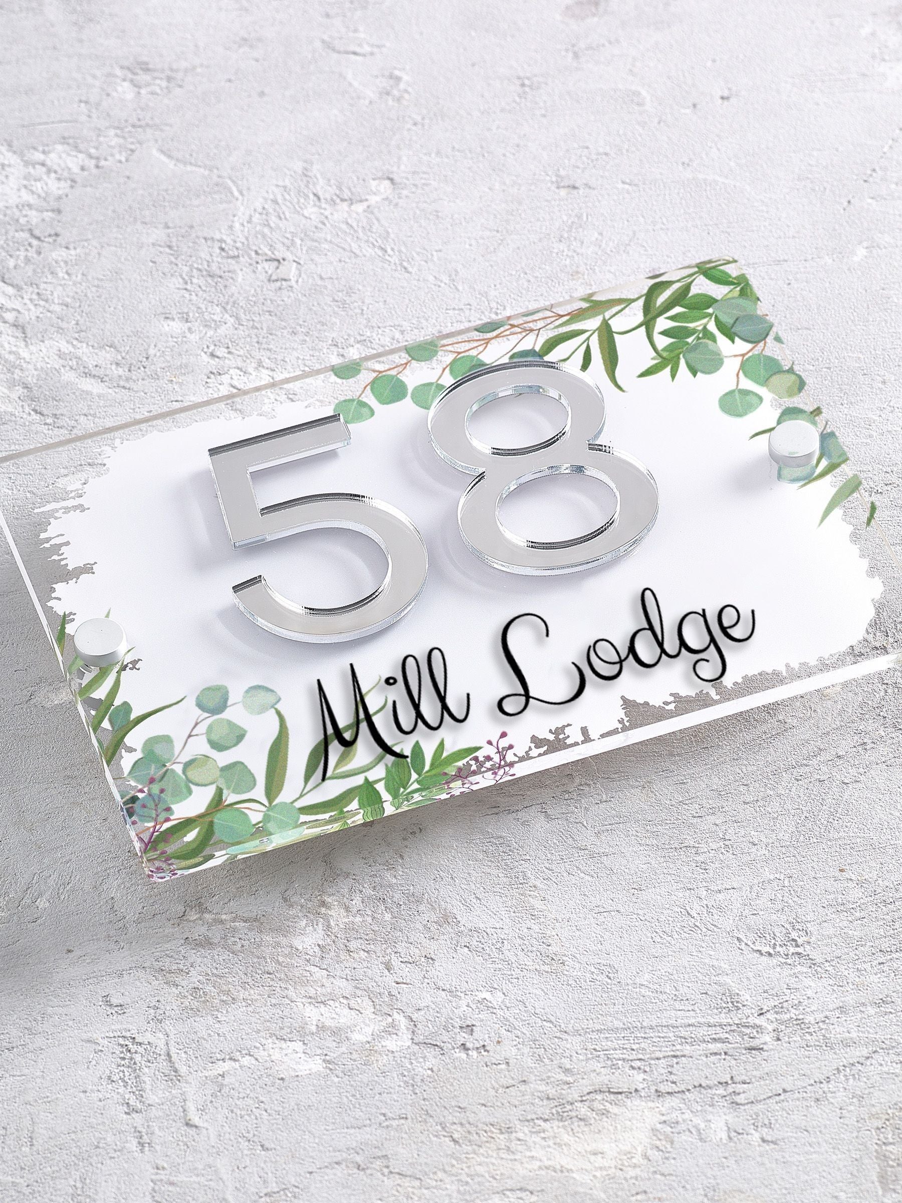 House sign with leaf print and 3D mirror numbers 20x14cm, imported from the UK