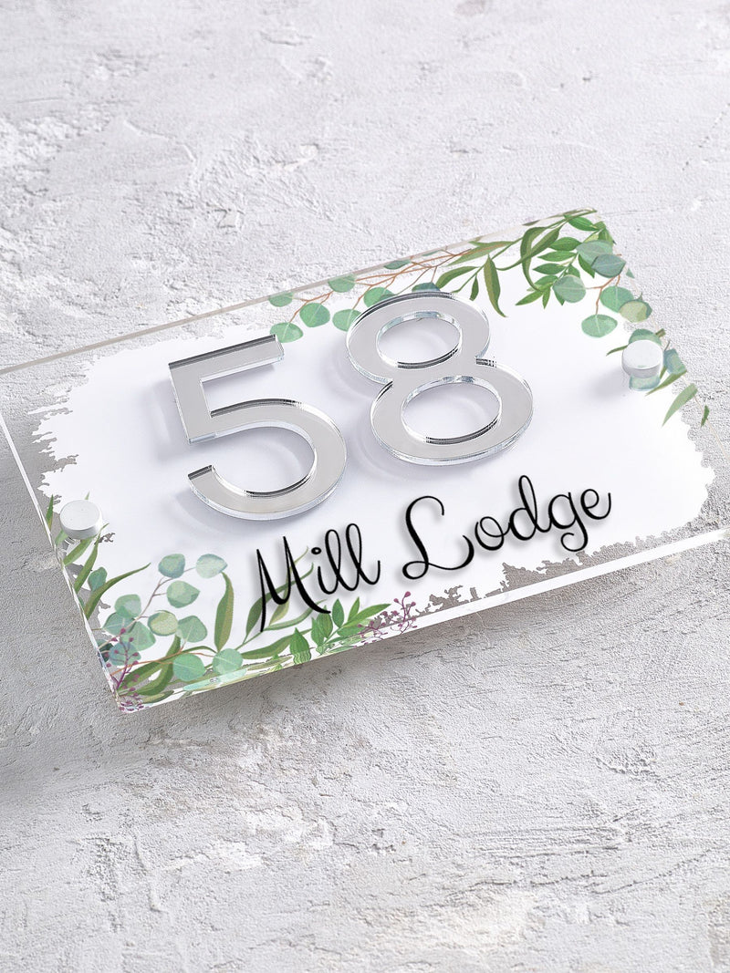 House sign with leaf print and 3D mirror numbers 20x14cm, imported from the UK